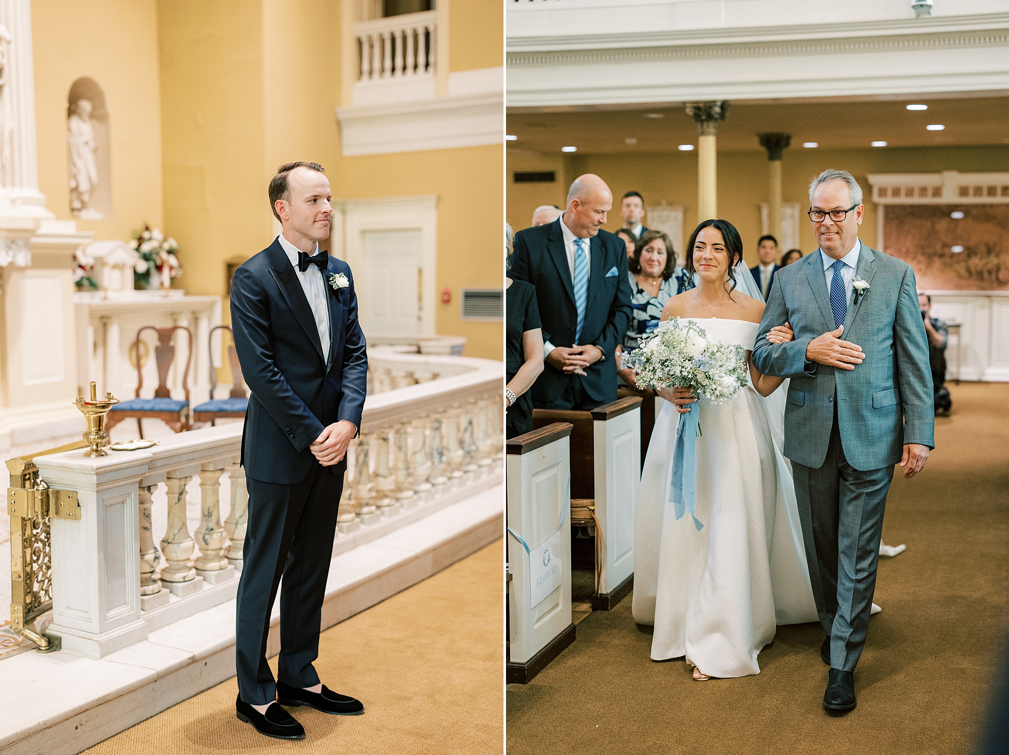 bride and father walk down aisle for ceremony at Old St. Joseph’s Catholic Church