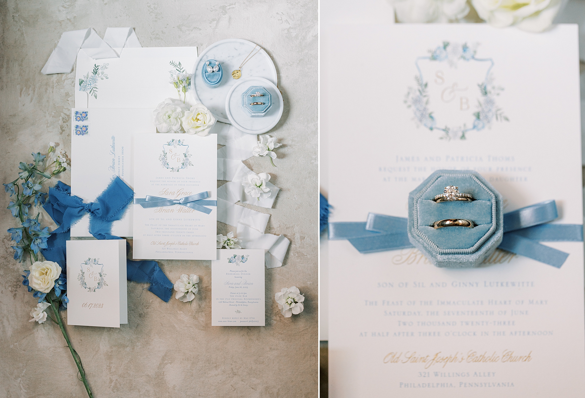 stationery and blue ribbon rest under blue jewelry box for Philly wedding day