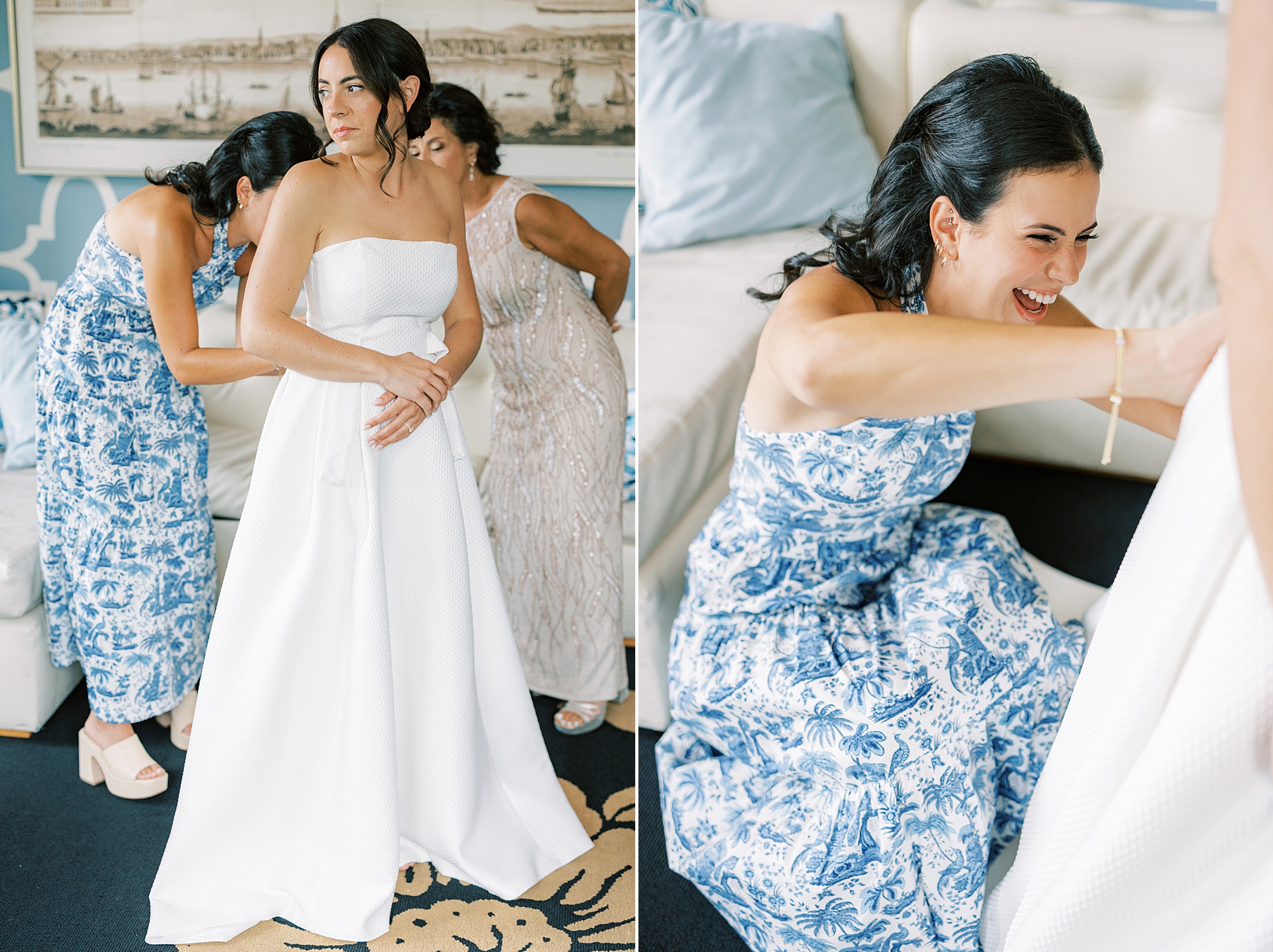 bridesmaid in floral gown helps bride into wedding dress