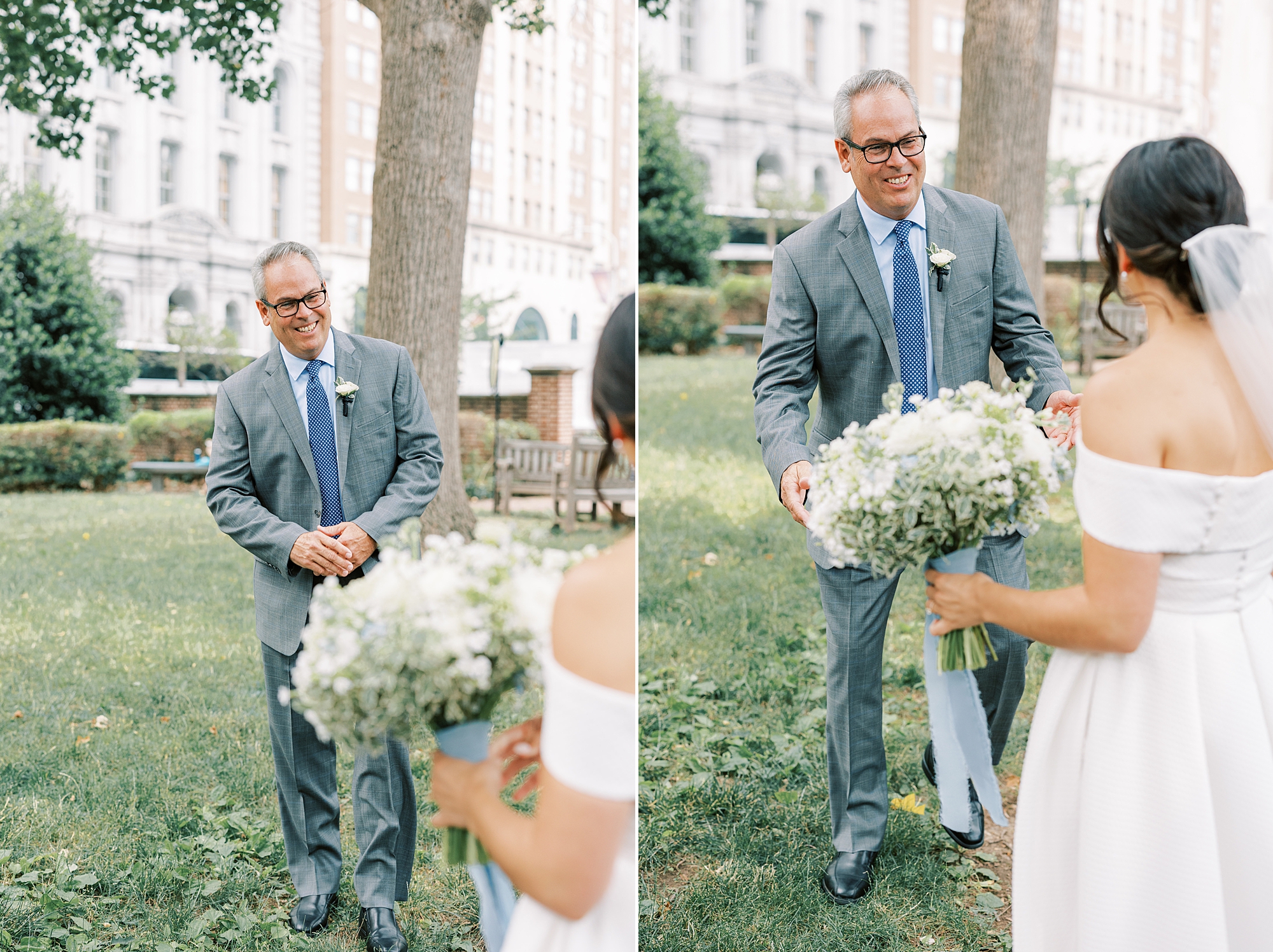 dad grins at bride during first look in Philadelphia park