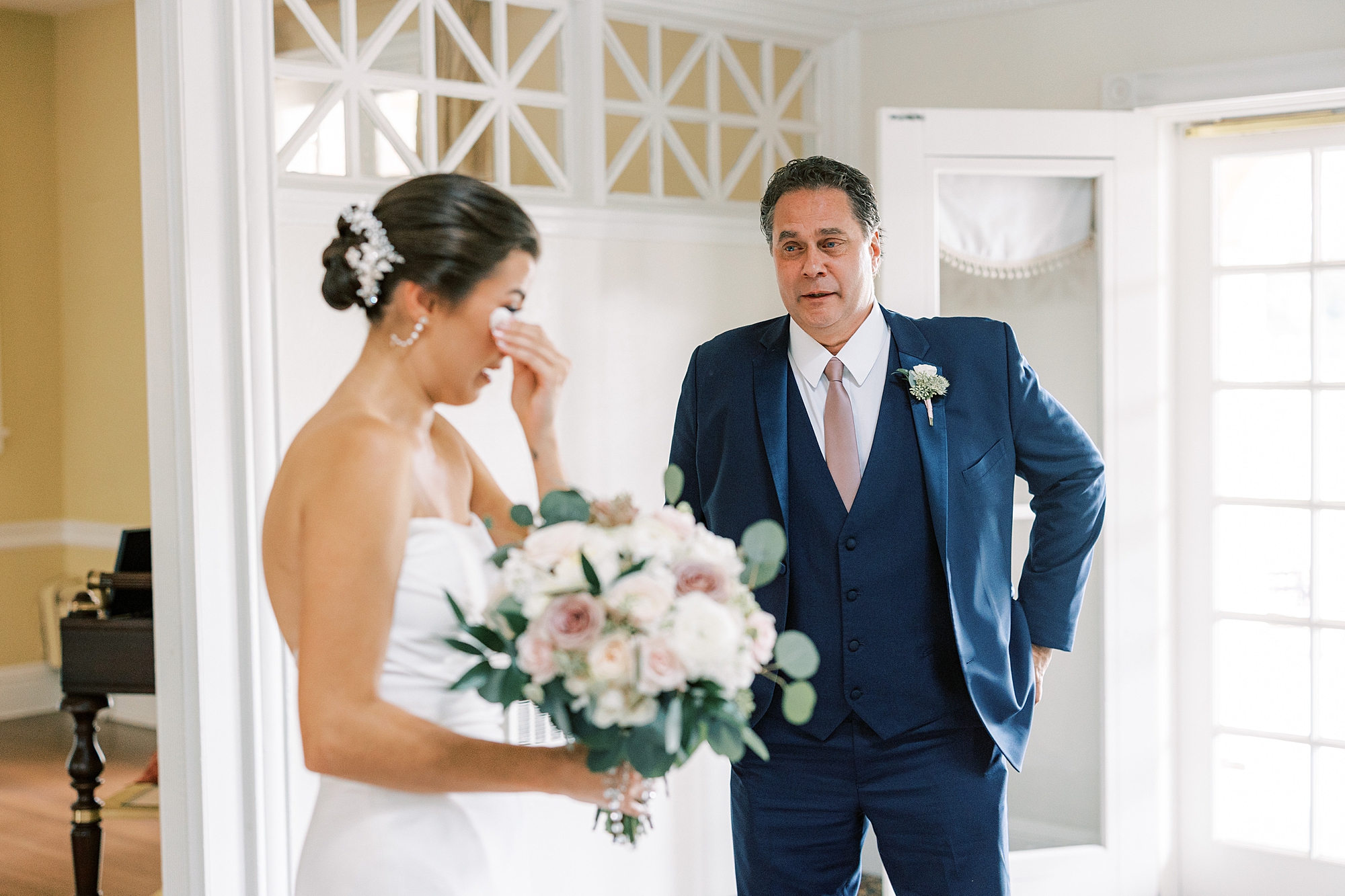 bride cries during first look with father at the Philadelphia Cricket Club