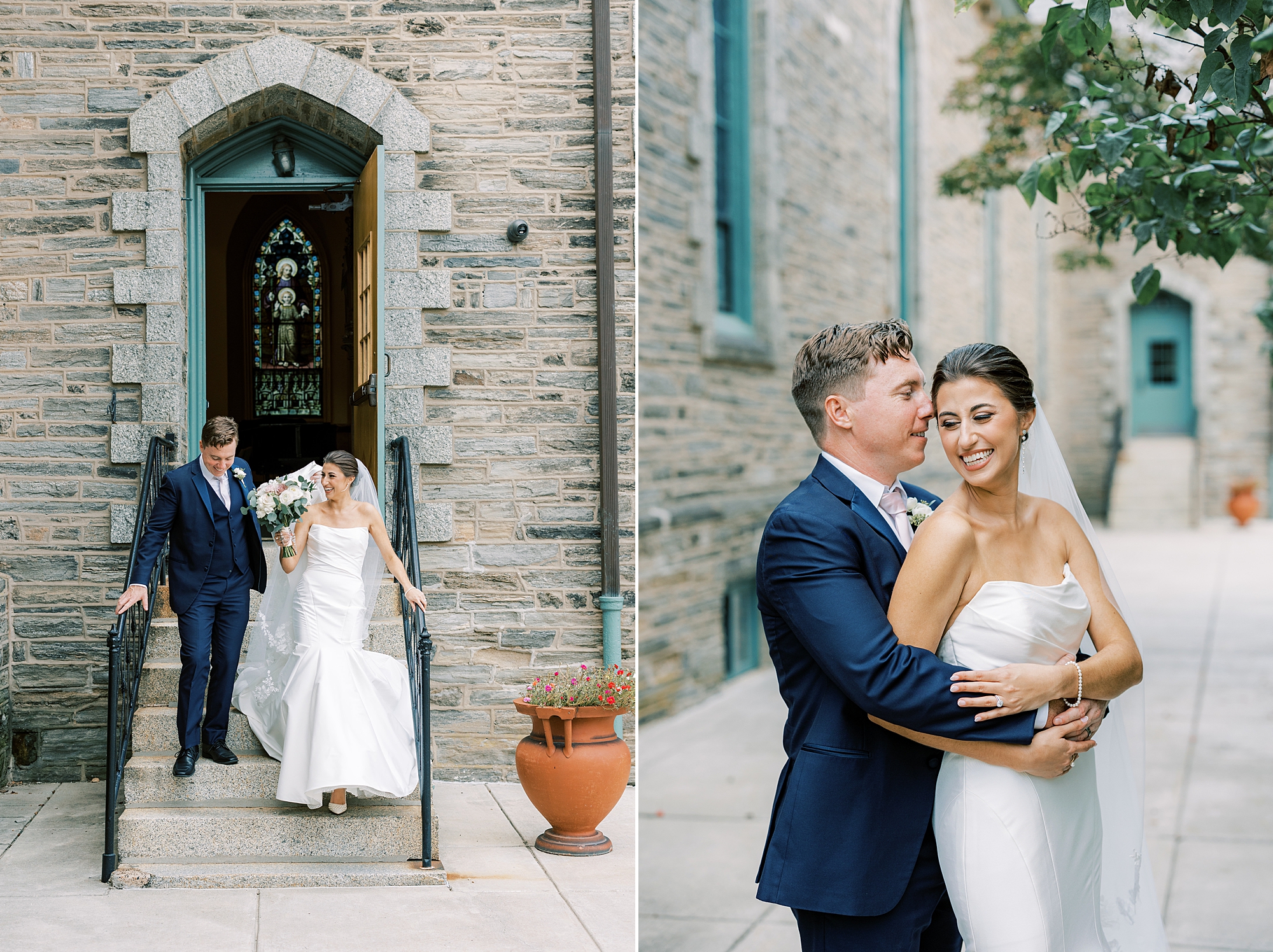 groom hugs bride from behind outside grey brick church with teal door