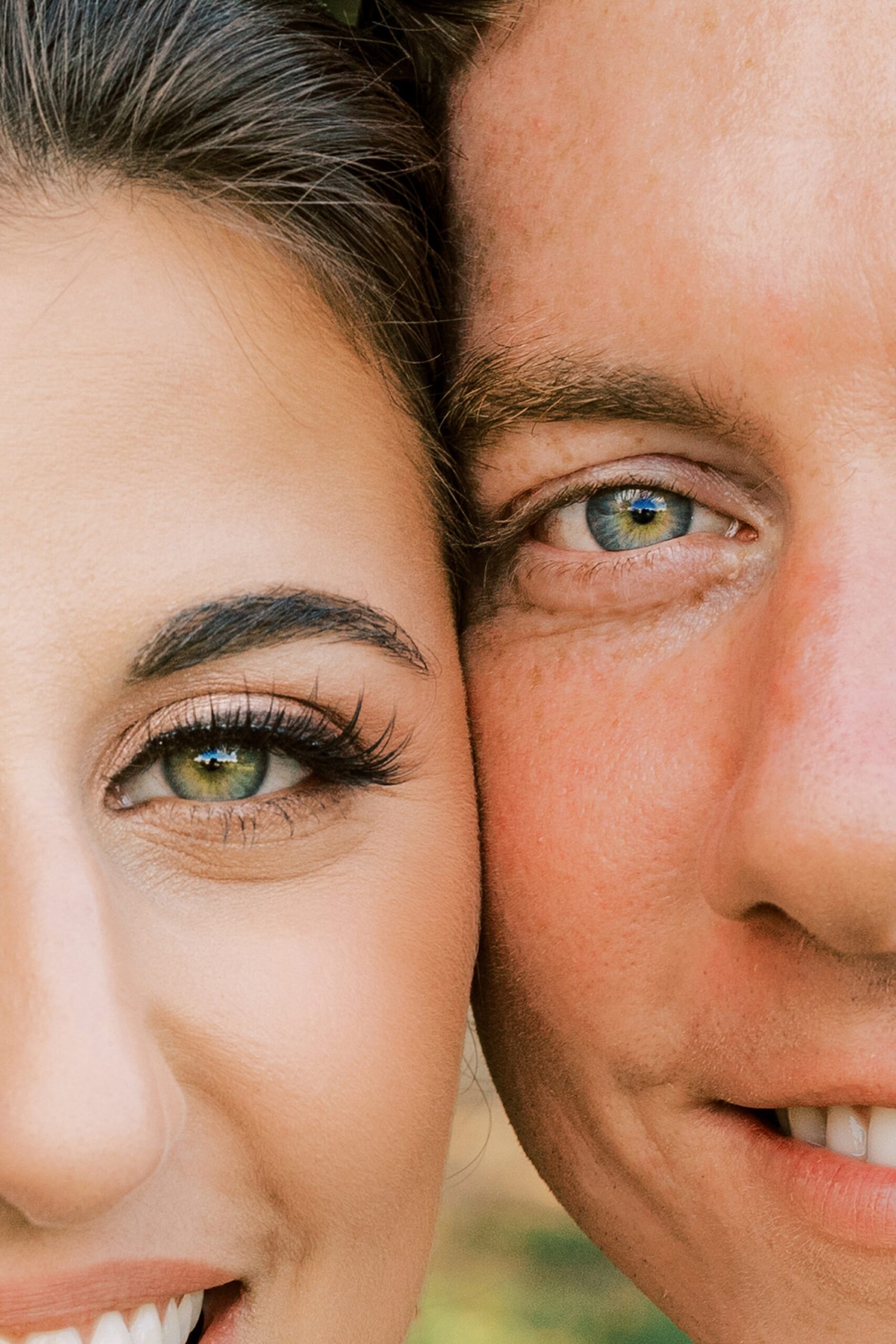closeup of bride and groom's eyes together 