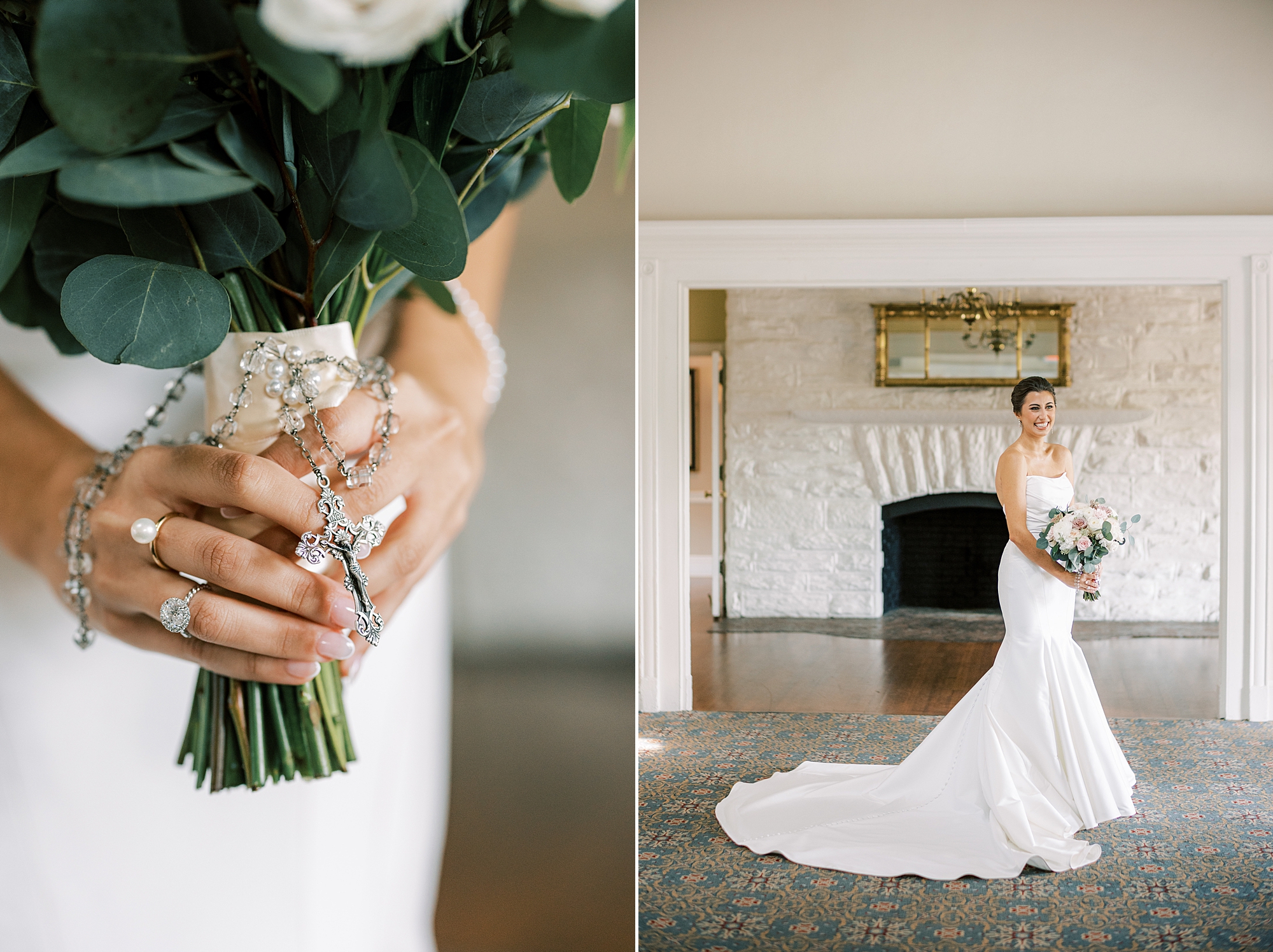 bride holds bouquet of pink and white flowers in Philly PA