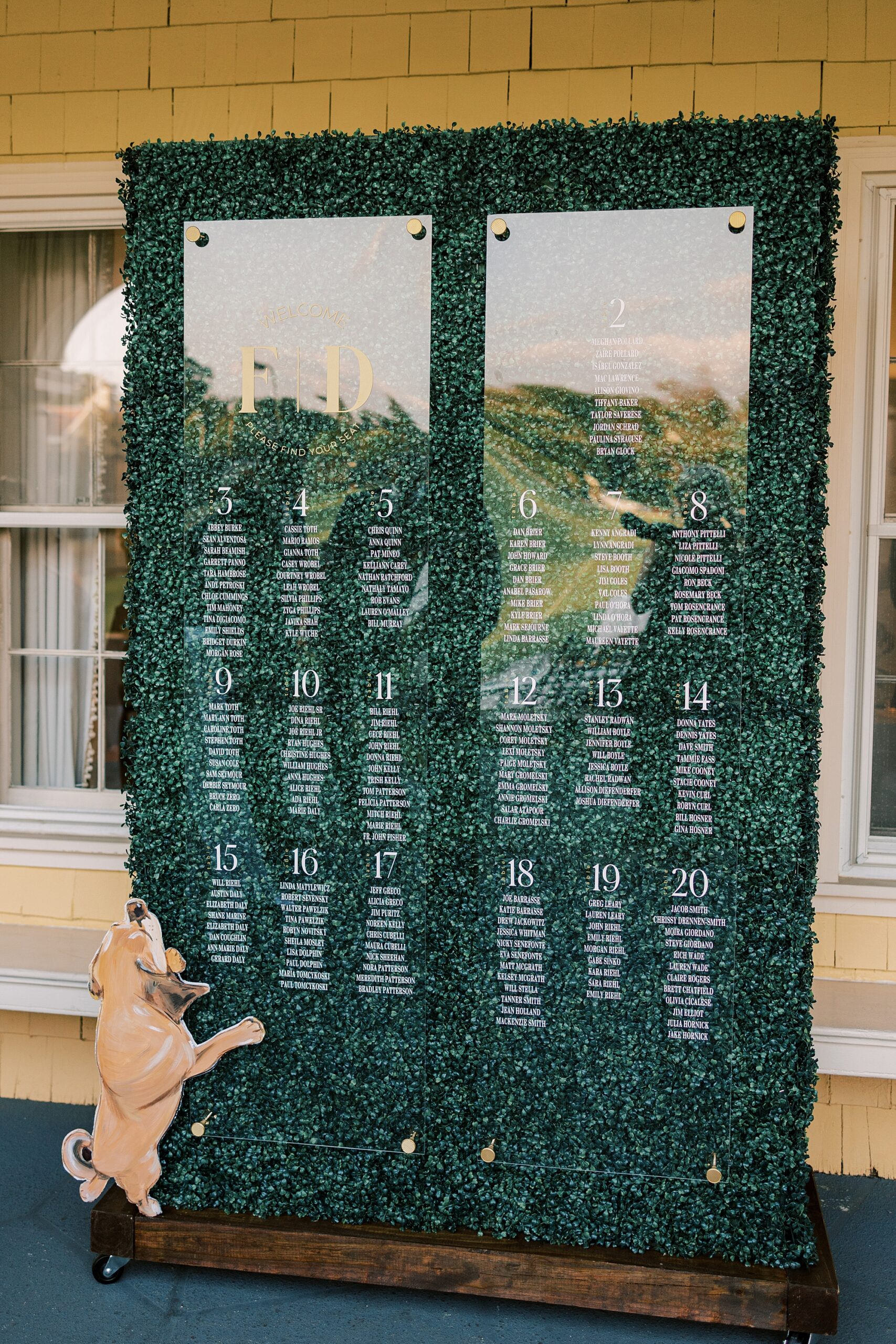 greenery seating chart with acrylic sign at the Philadelphia Cricket Club
