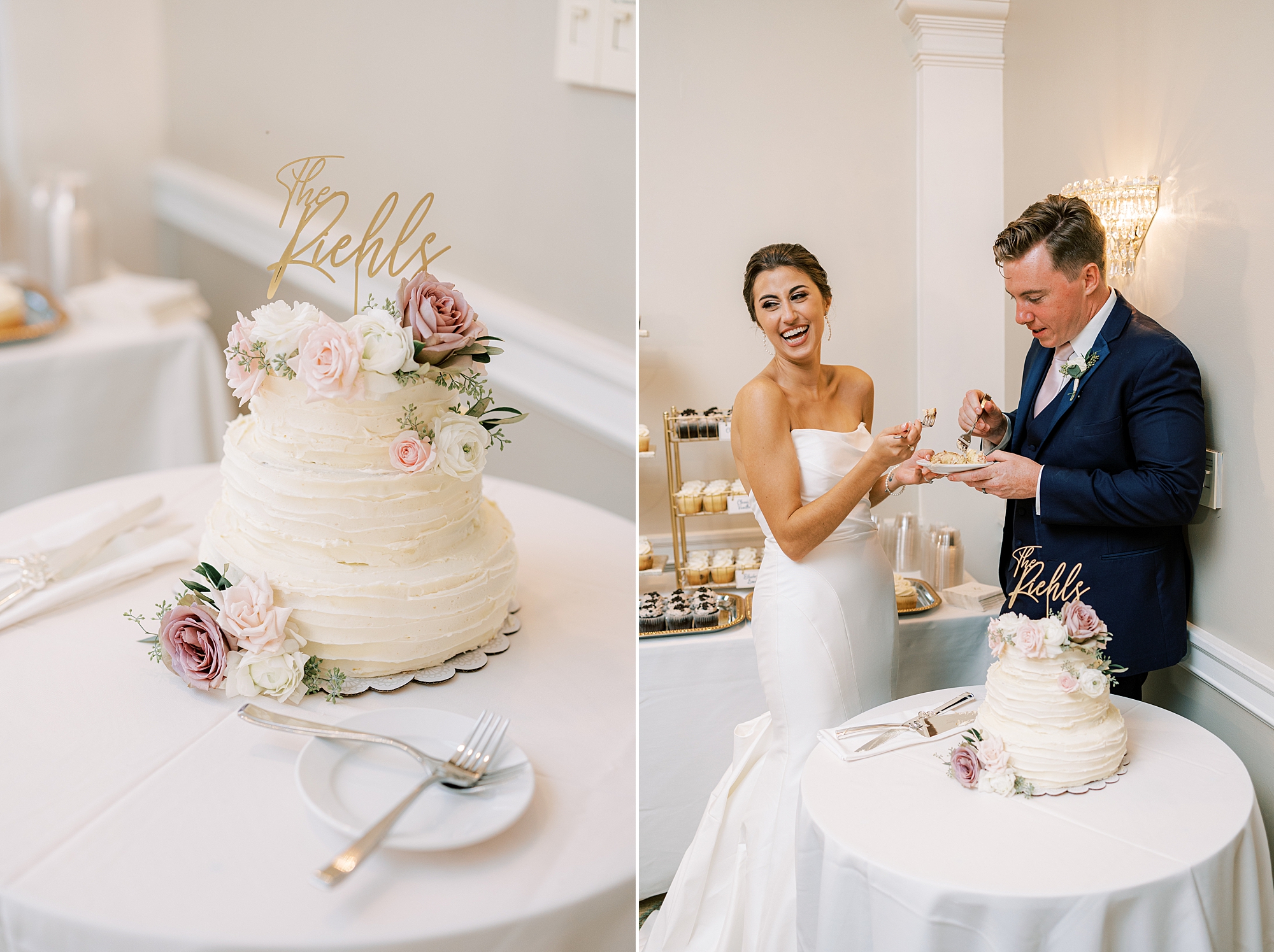 bride and groom cut wedding cake during reception at the Philadelphia Cricket Club