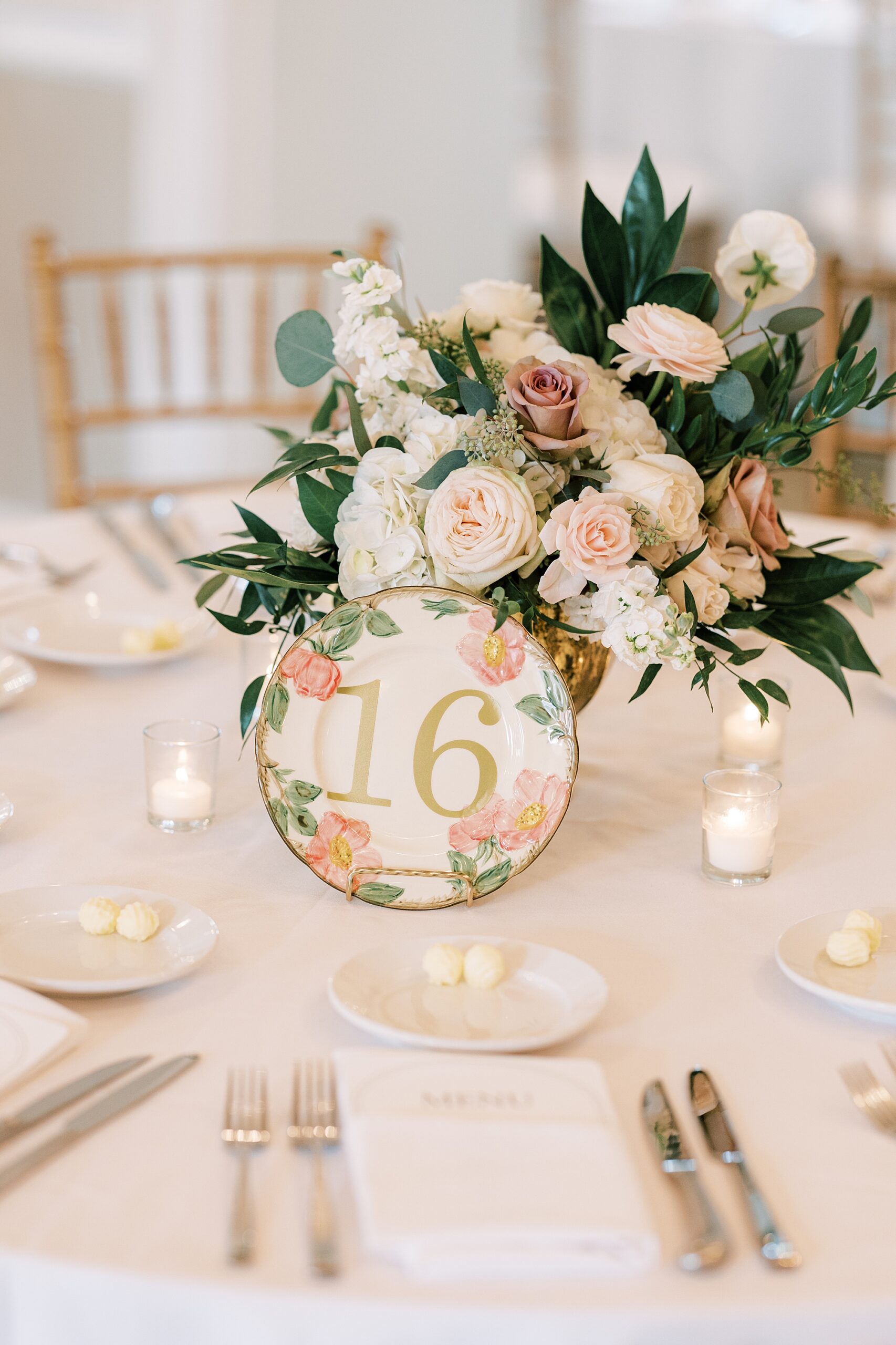 wedding reception with pink and white flower centerpieces  