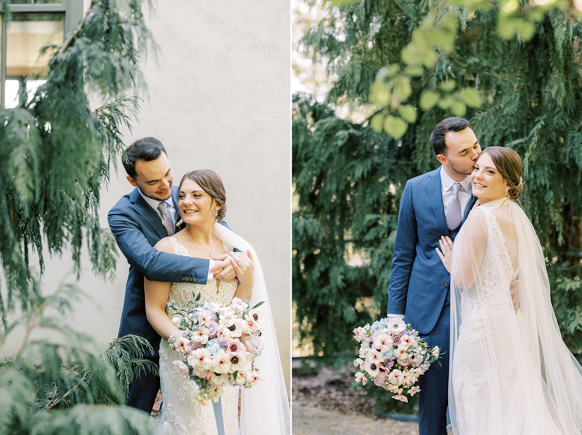 groom kisses bride's cheek from behind during photos in gardens of Lake House Inn