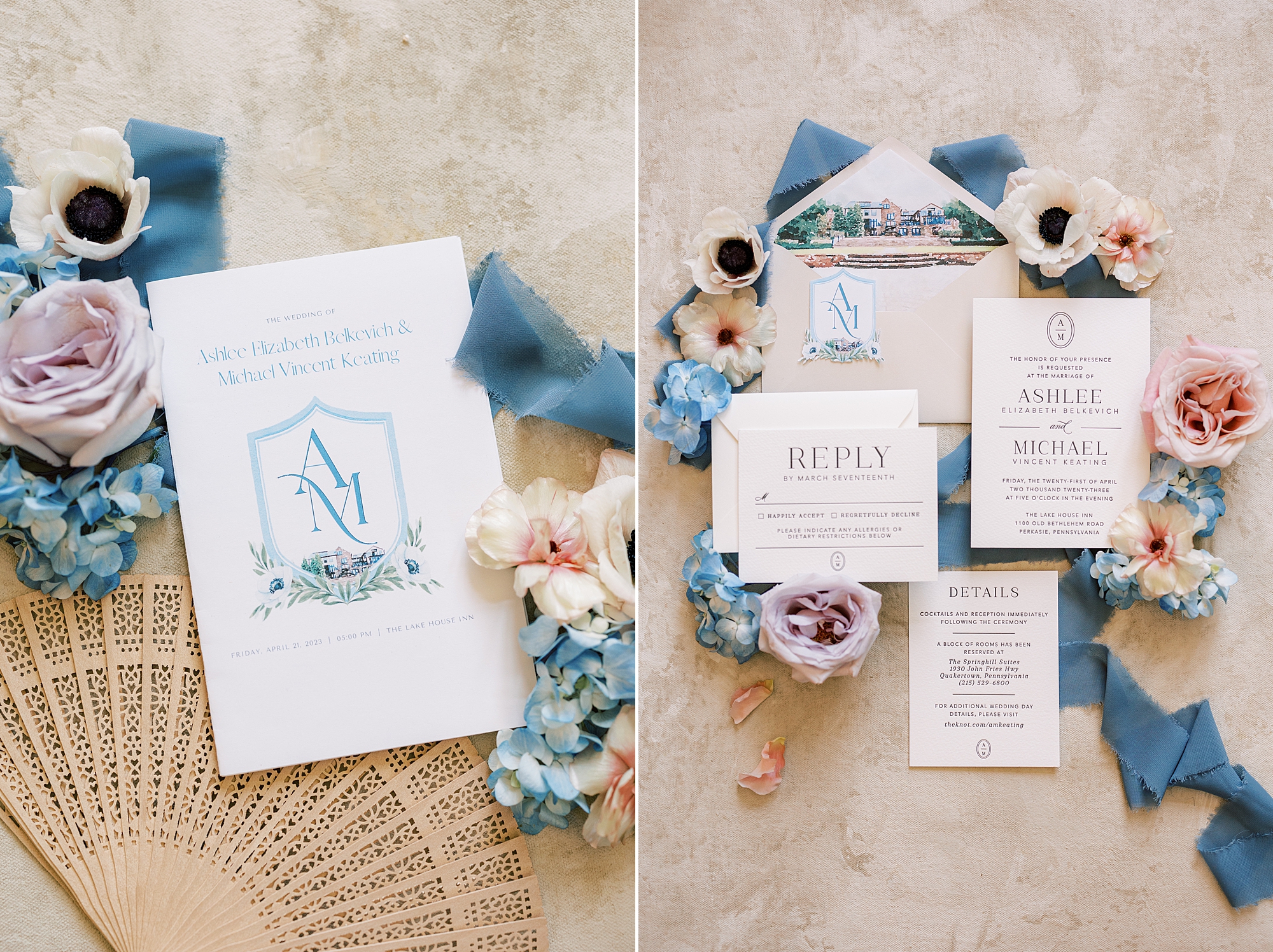 invitation suite for spring wedding at Lake House Inn with blue and white flowers 