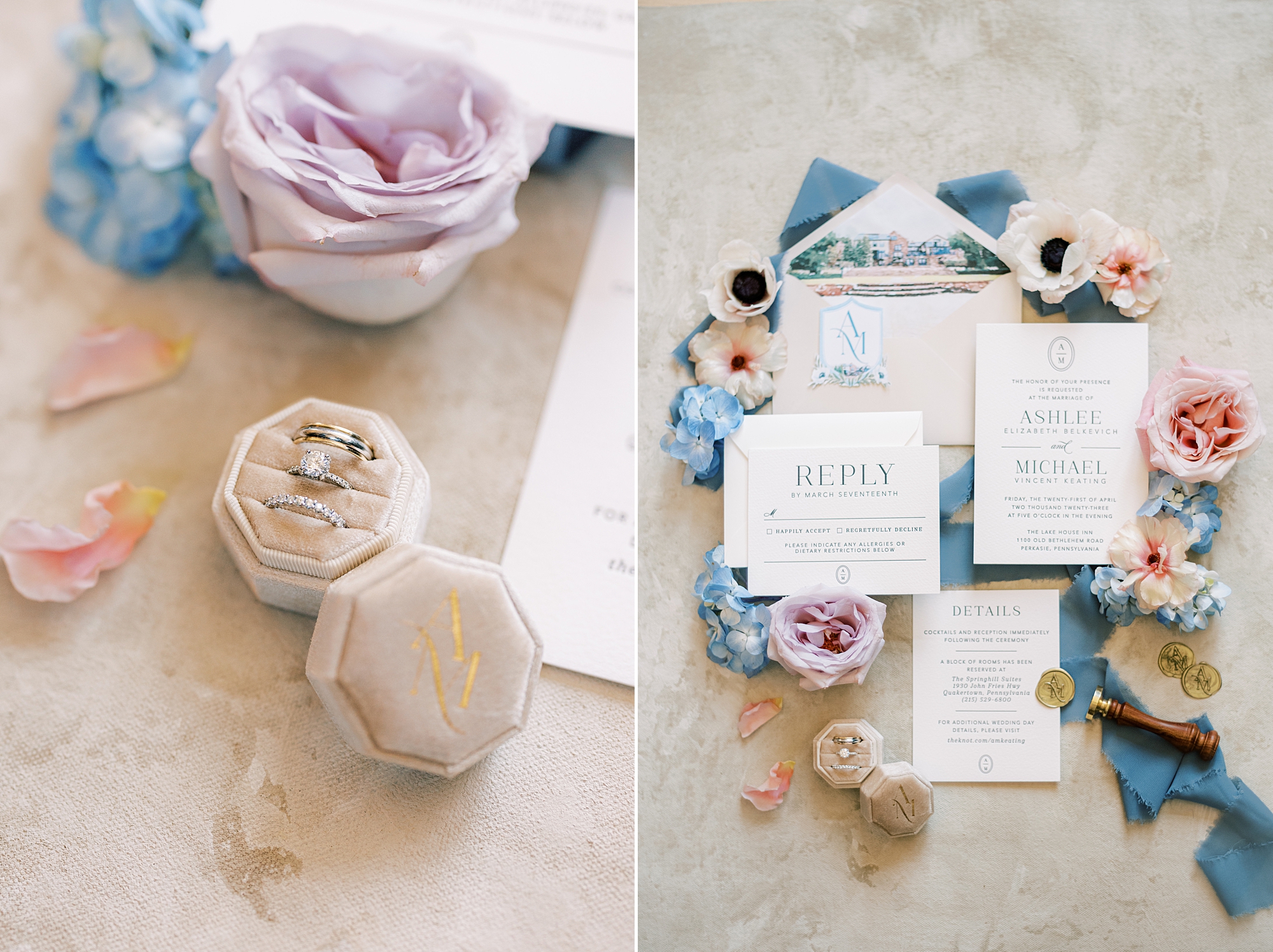 elegant ivory, blue, and pink invitation suite for spring wedding at Lake House Inn