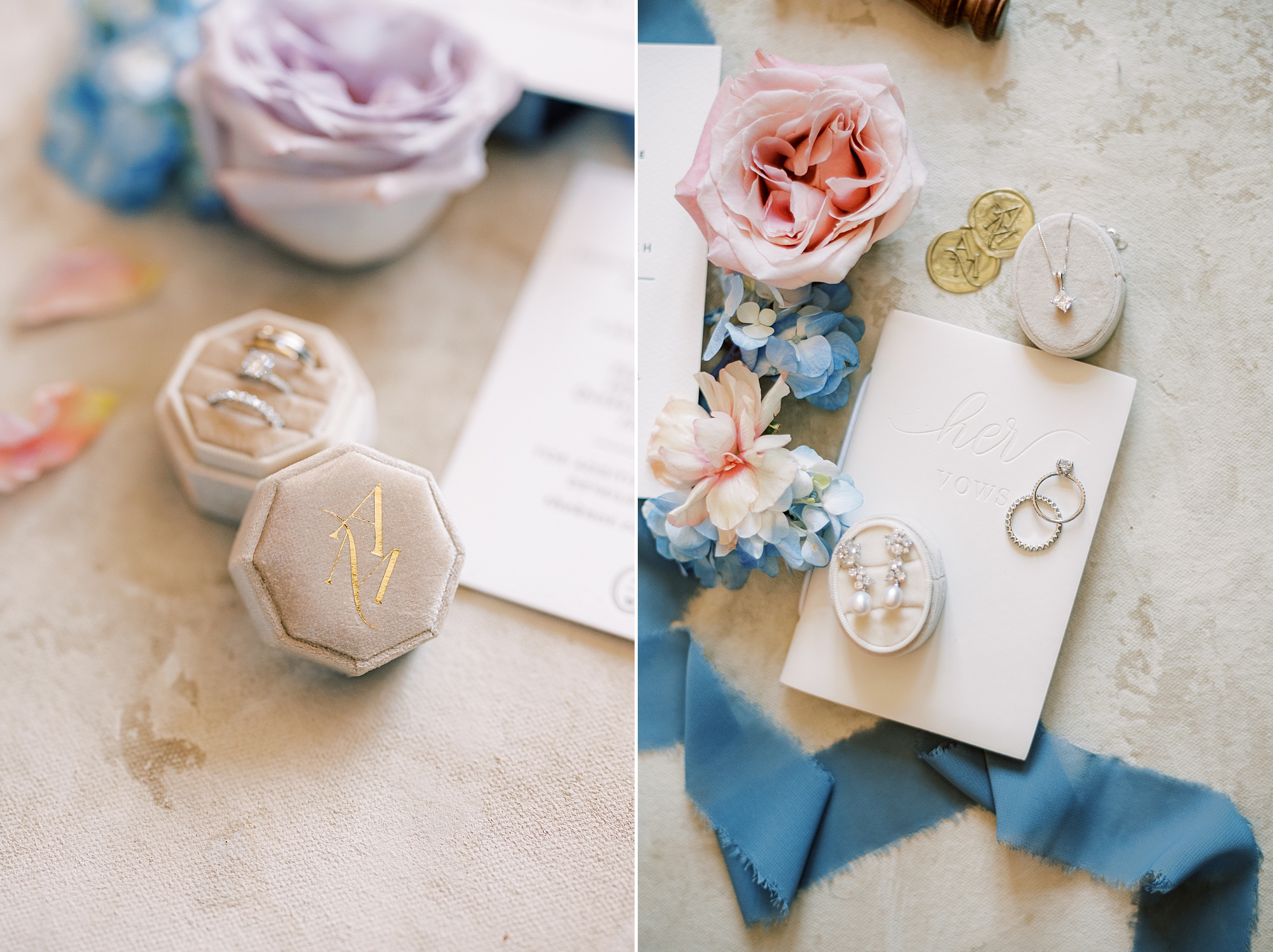 bride's jewelry lays on invitation suite for spring wedding at Lake House Inn