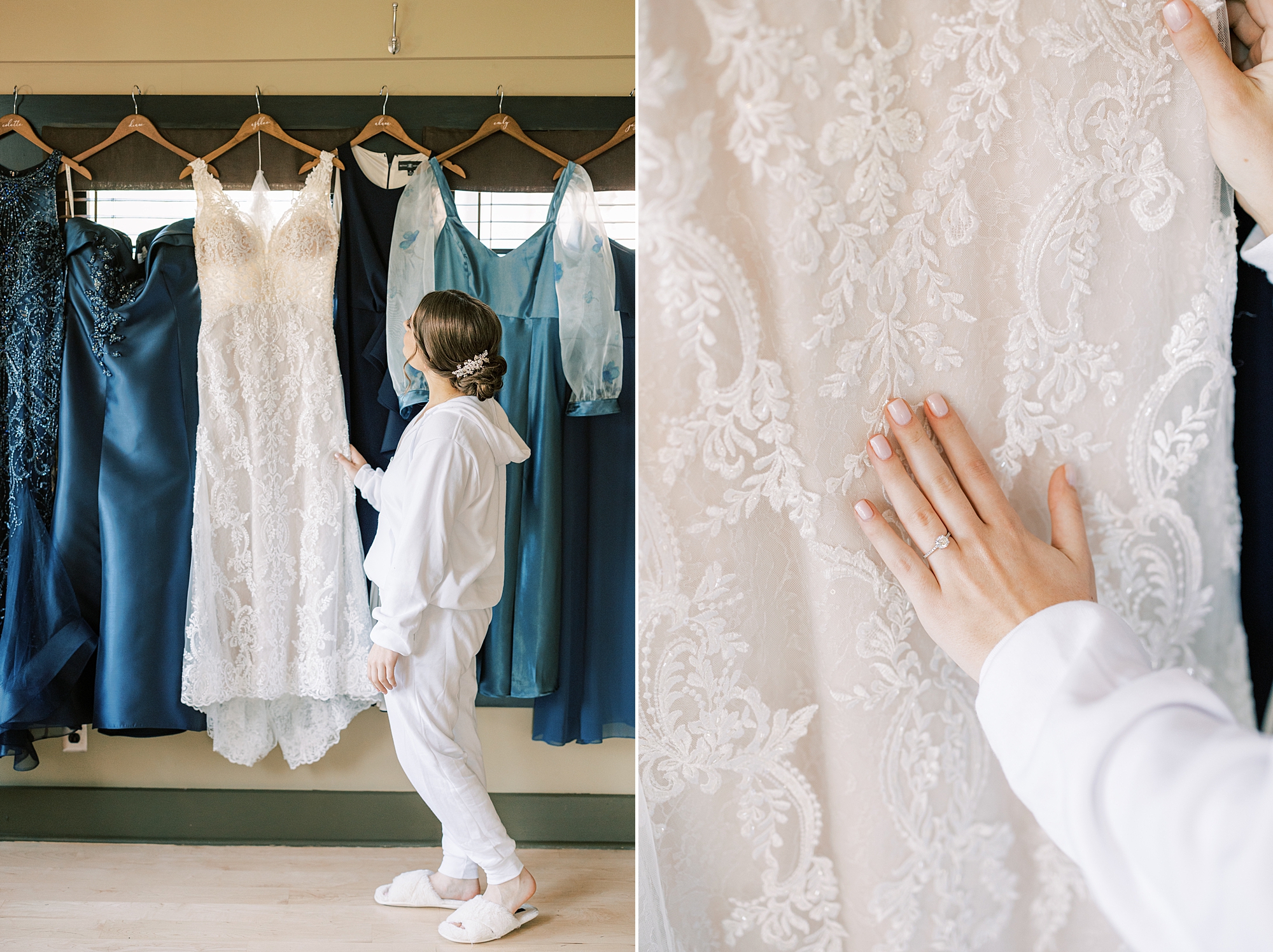 bride touches wedding dress hanging between bridesmaid gowns