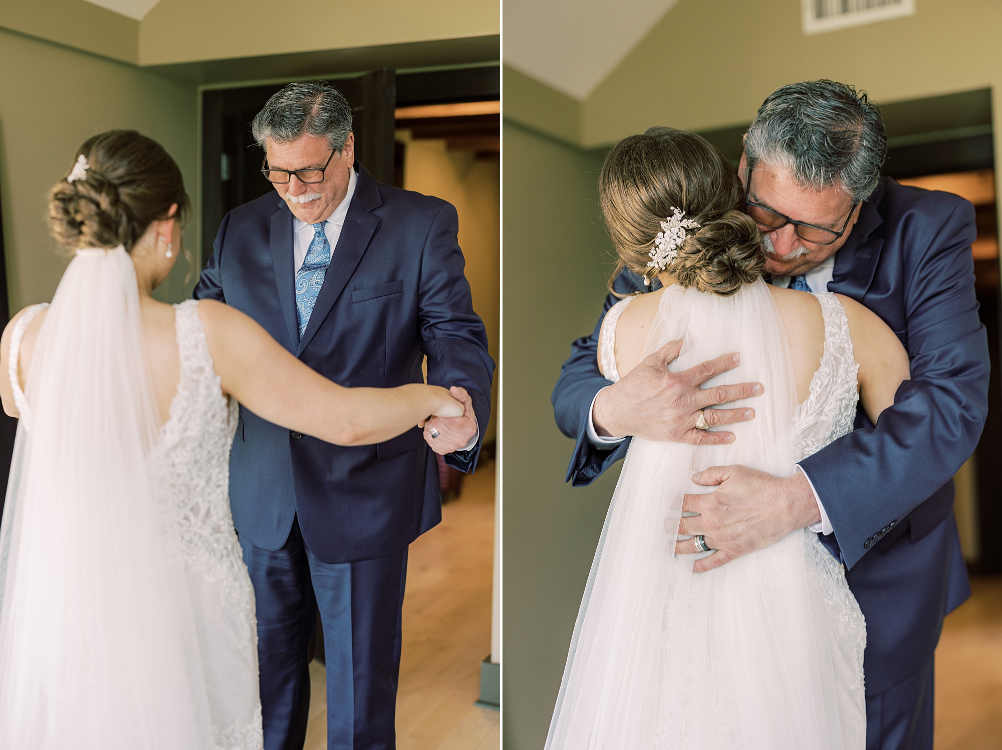 bride and father in blue suit hug during first look at Lake House Inn