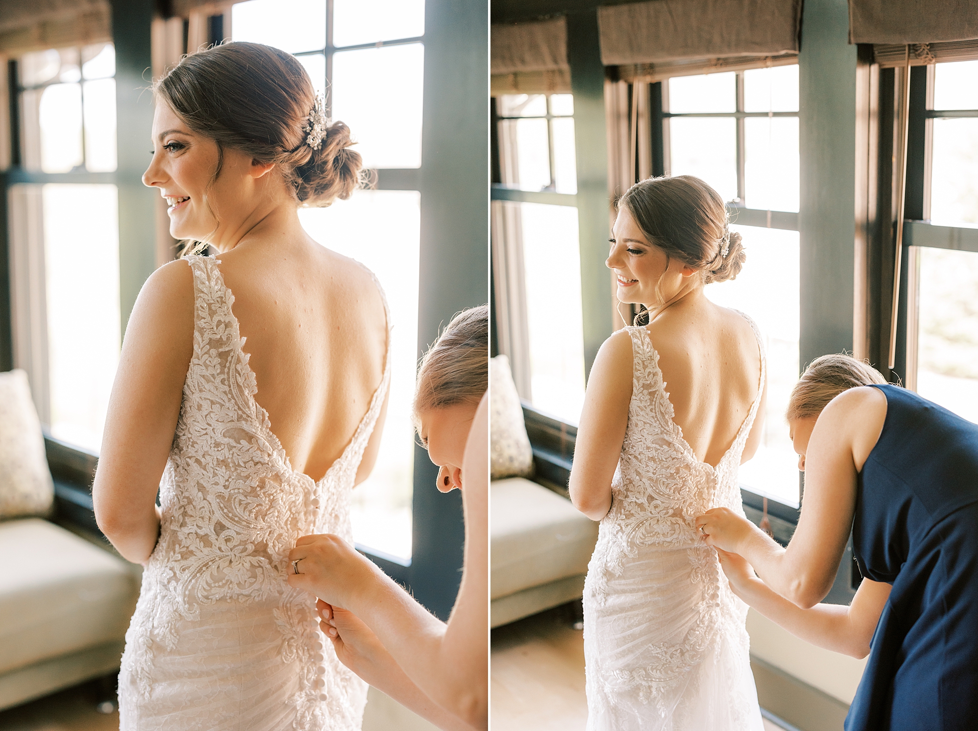 bridesmaid helps bride with buttons on wedding dress