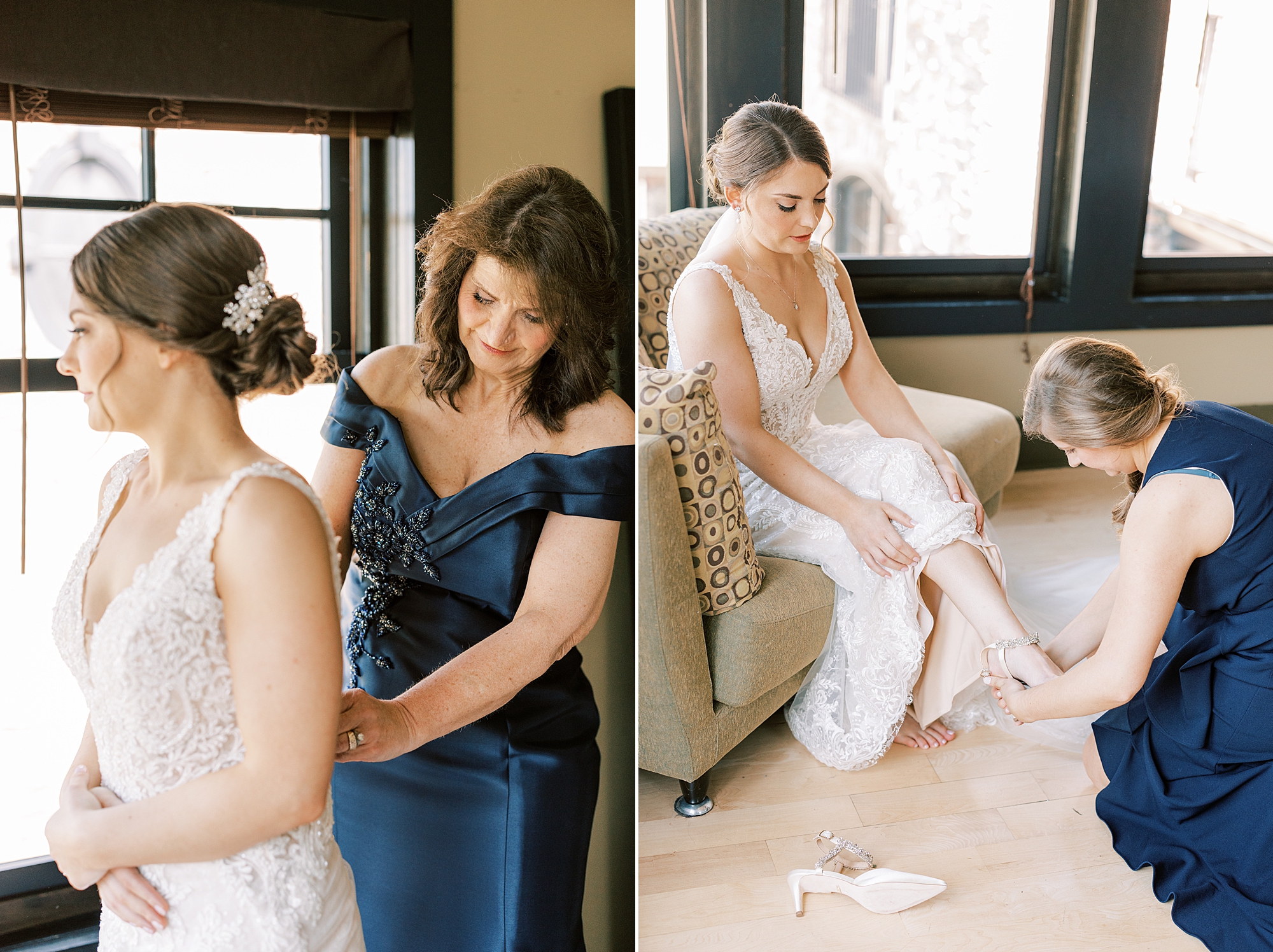 bridesmaids and mother helps bride with wedding day prep at Lake House Inn