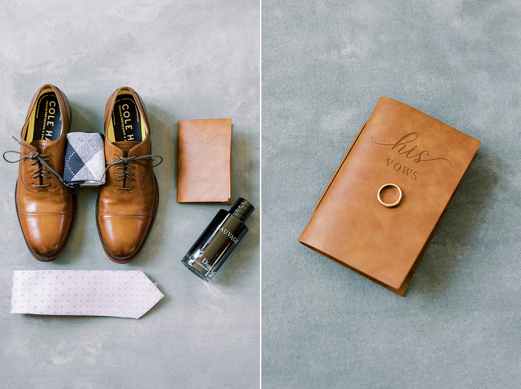 groom's tan shoes and vow booklet with wedding ring