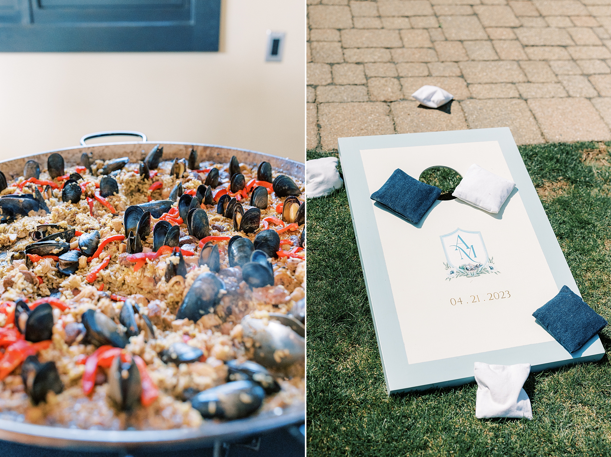 spring wedding reception food and corn hold boards 