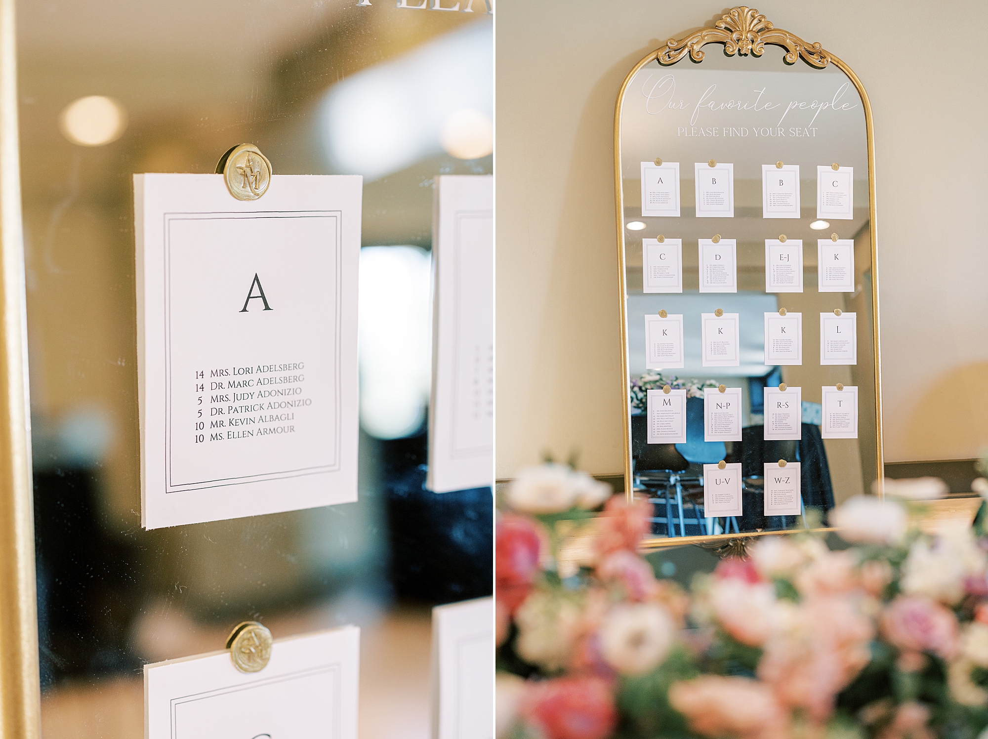 seating chart with cards held on by wax seals on mirror