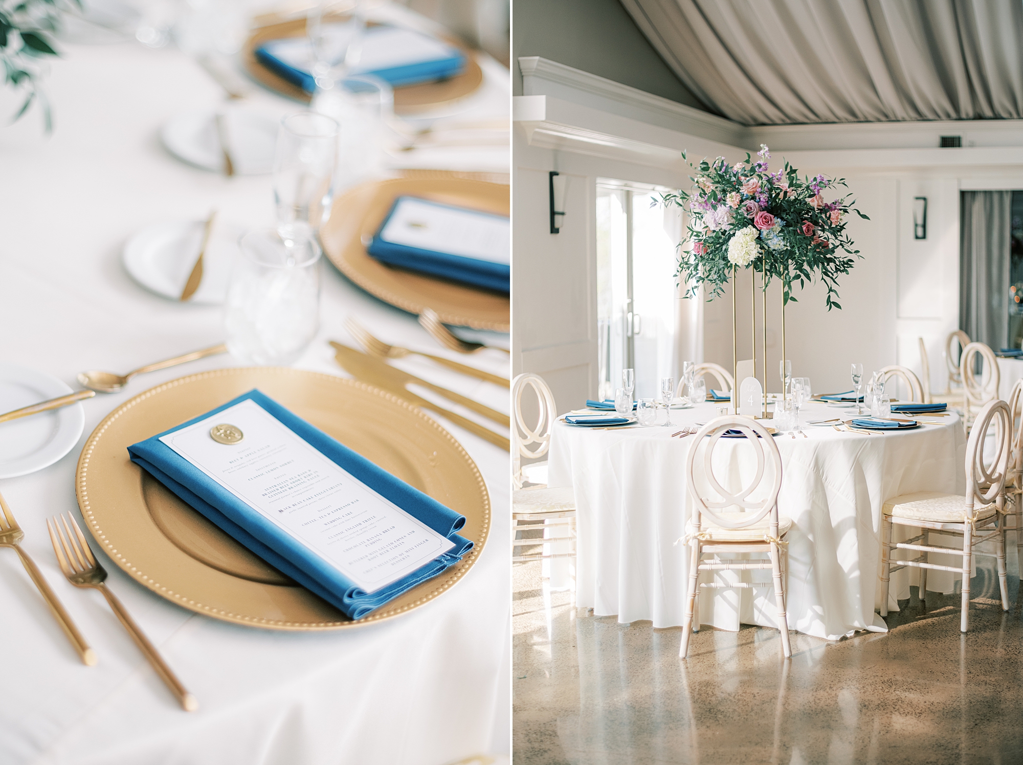 place setting with gold, blue, and white details at Lake House Inn for spring wedding reception 