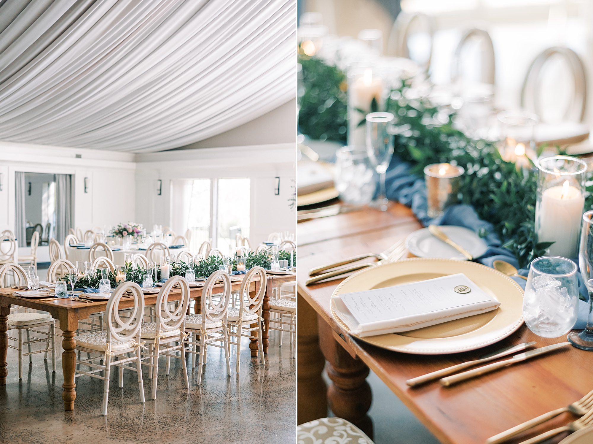 spring wedding reception with greenery table runner, gold place settings and blue table cloth 