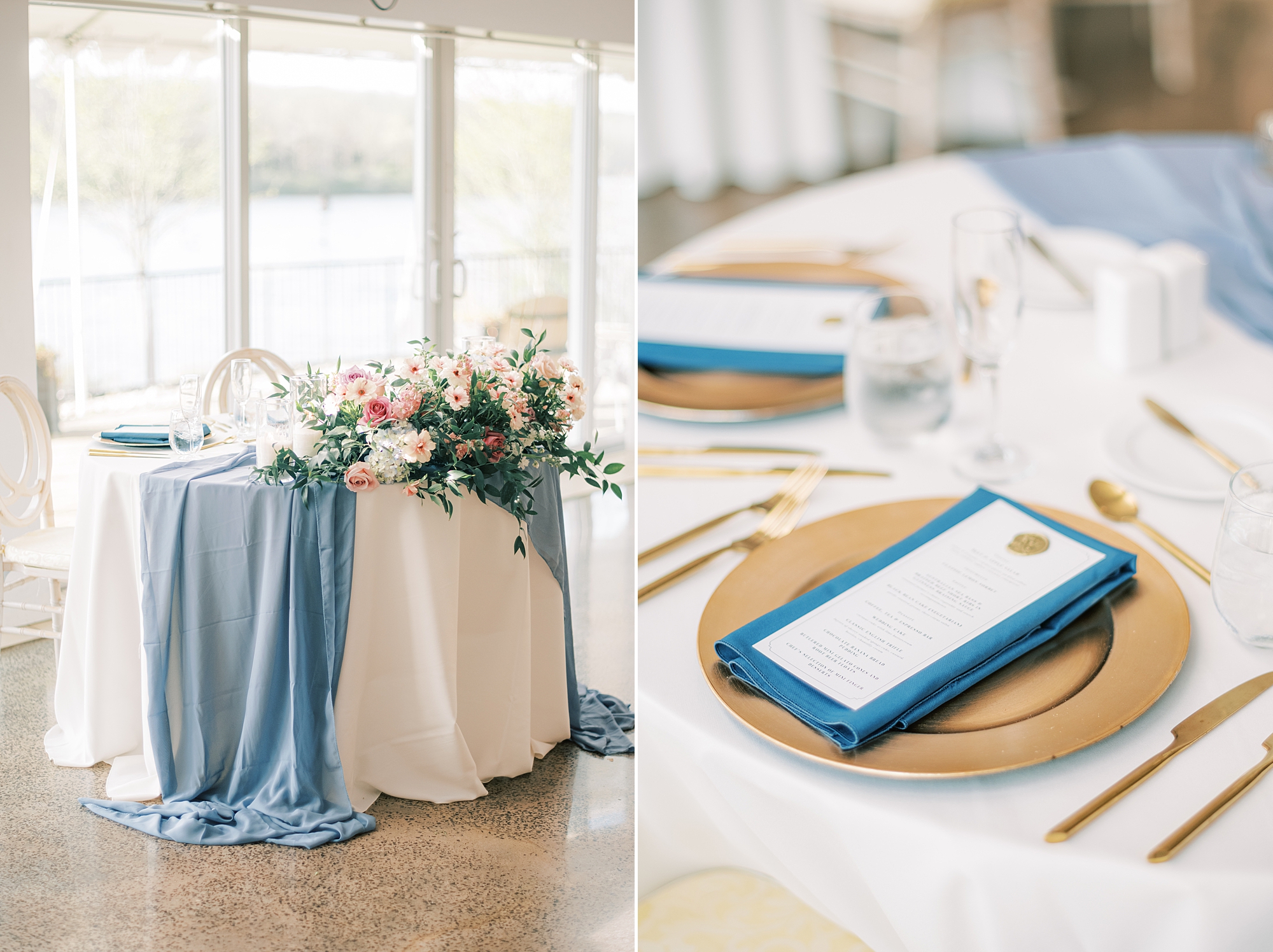 spring wedding reception at Lake House Inn with blue napkins and gold plates