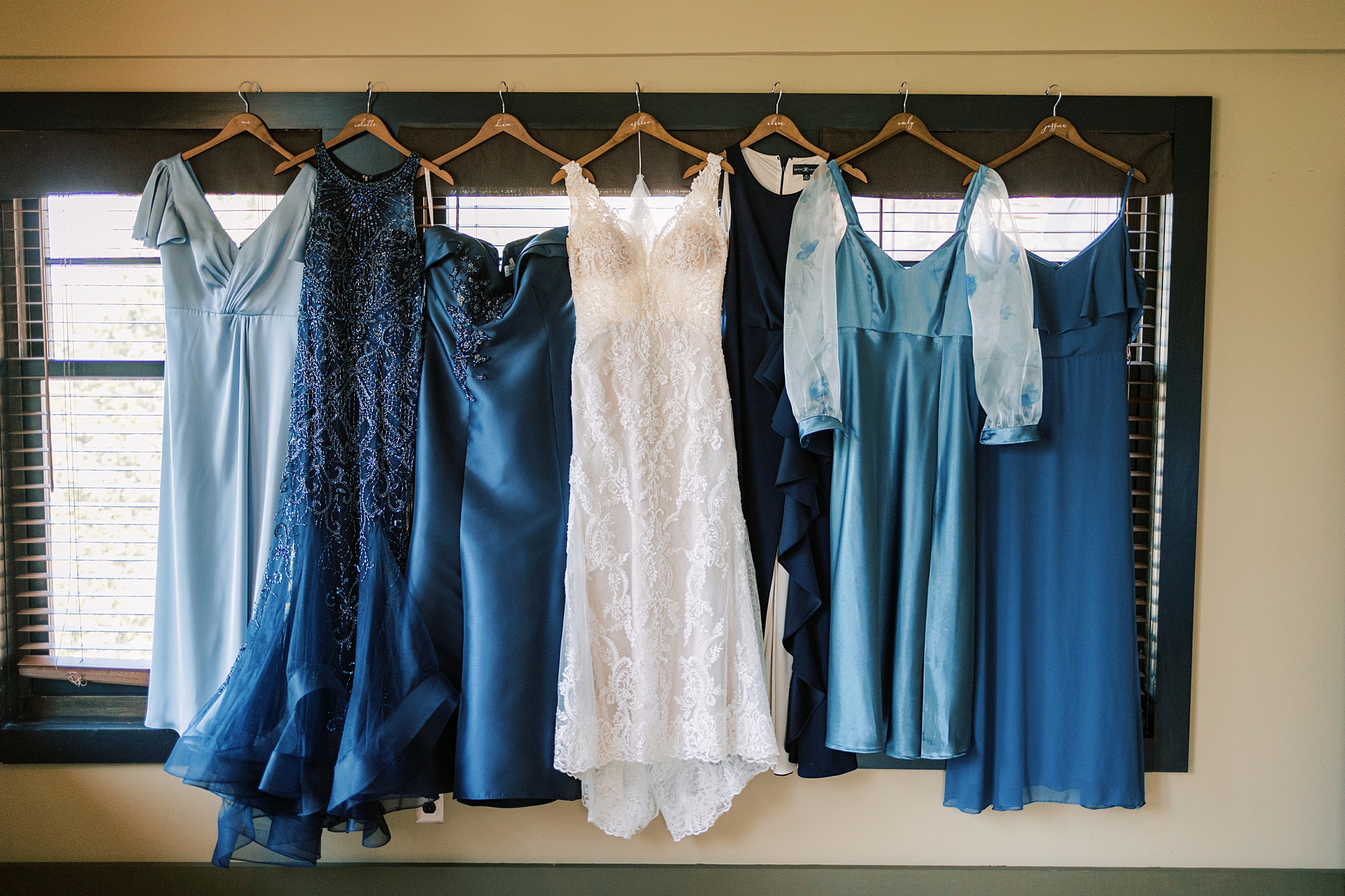 mismatched blue bridesmaid dresses for spring Lake House Inn wedding