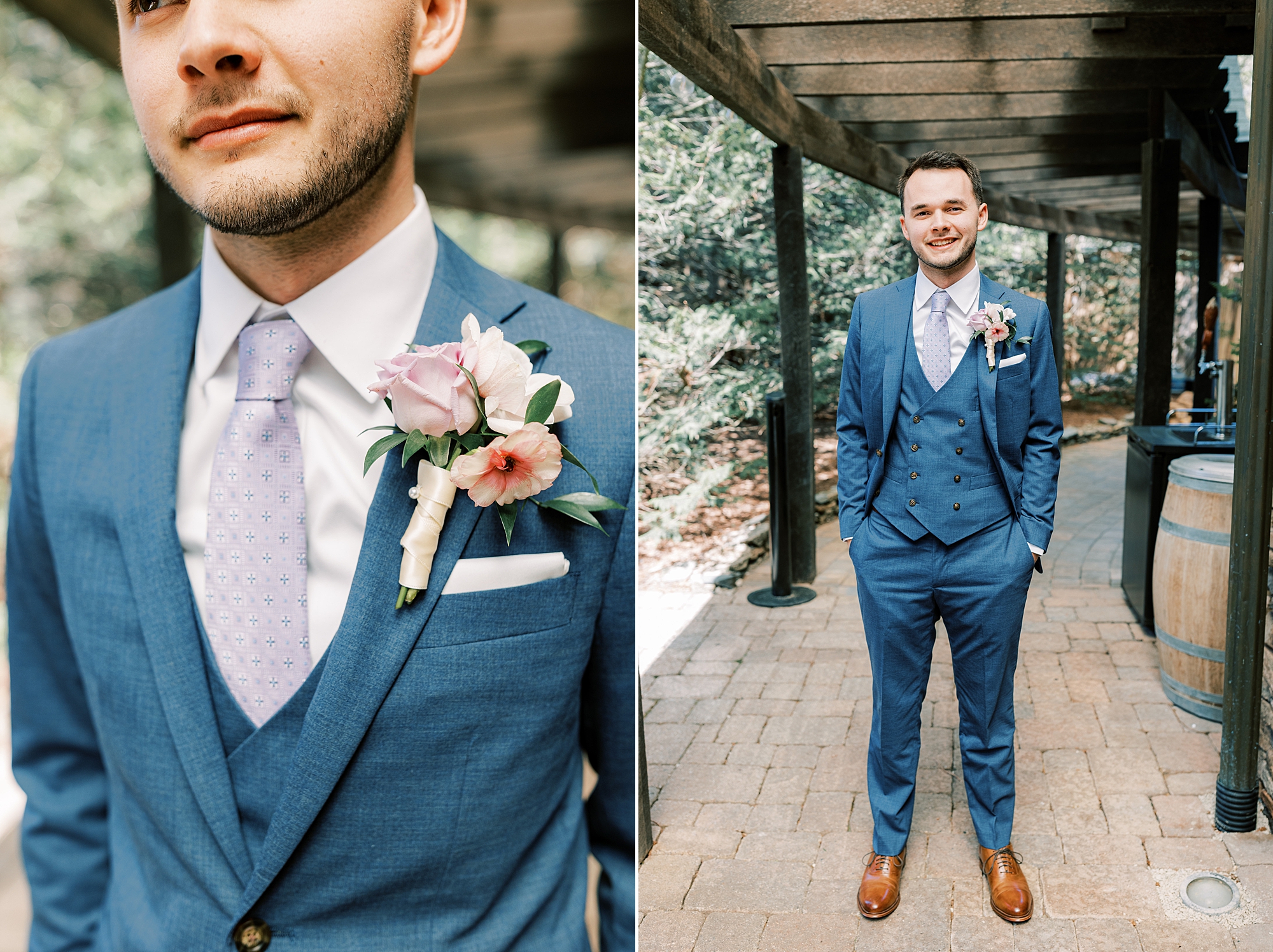 groom stands with hands in pockets of blue suit with light flower boutonnière 