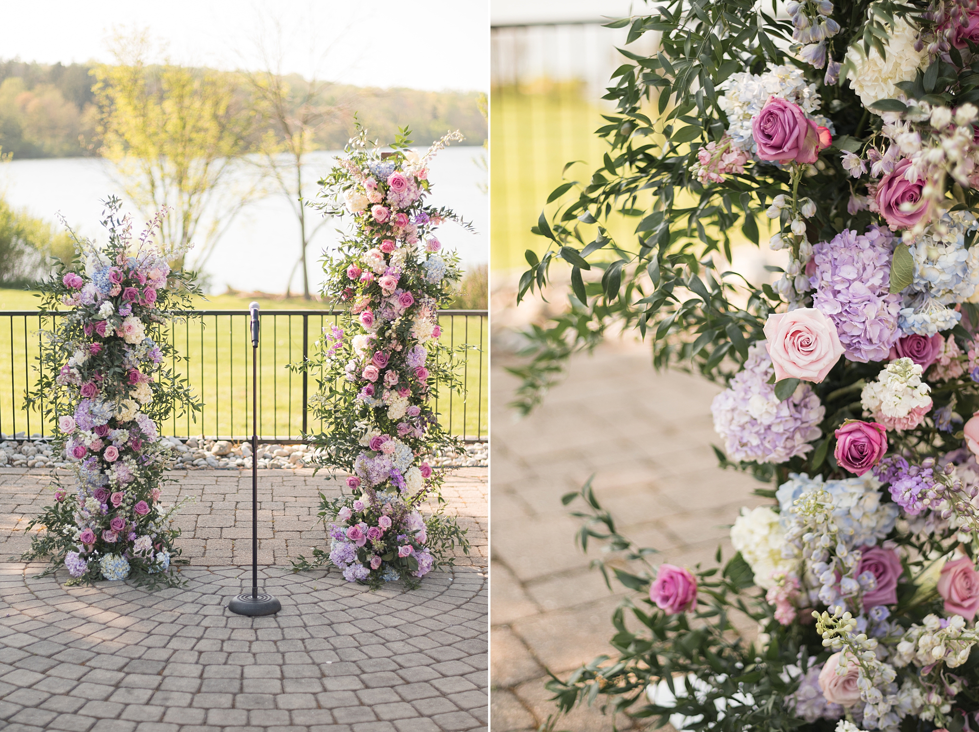 tall pink and purple flower installations for ceremony in garden at Lake House Inn