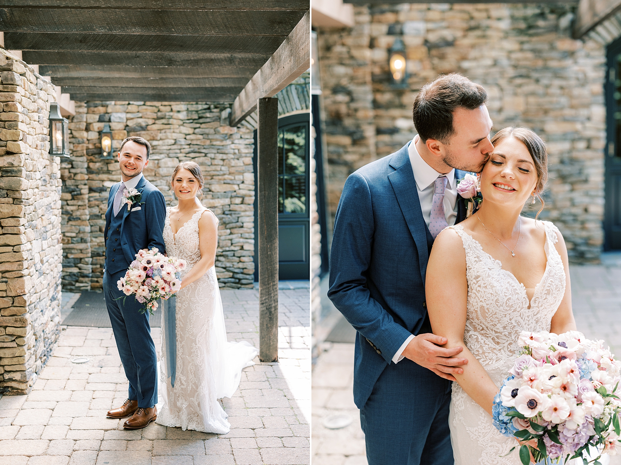 groom leans to kiss bride's cheek by stone wall at Lake House Inn