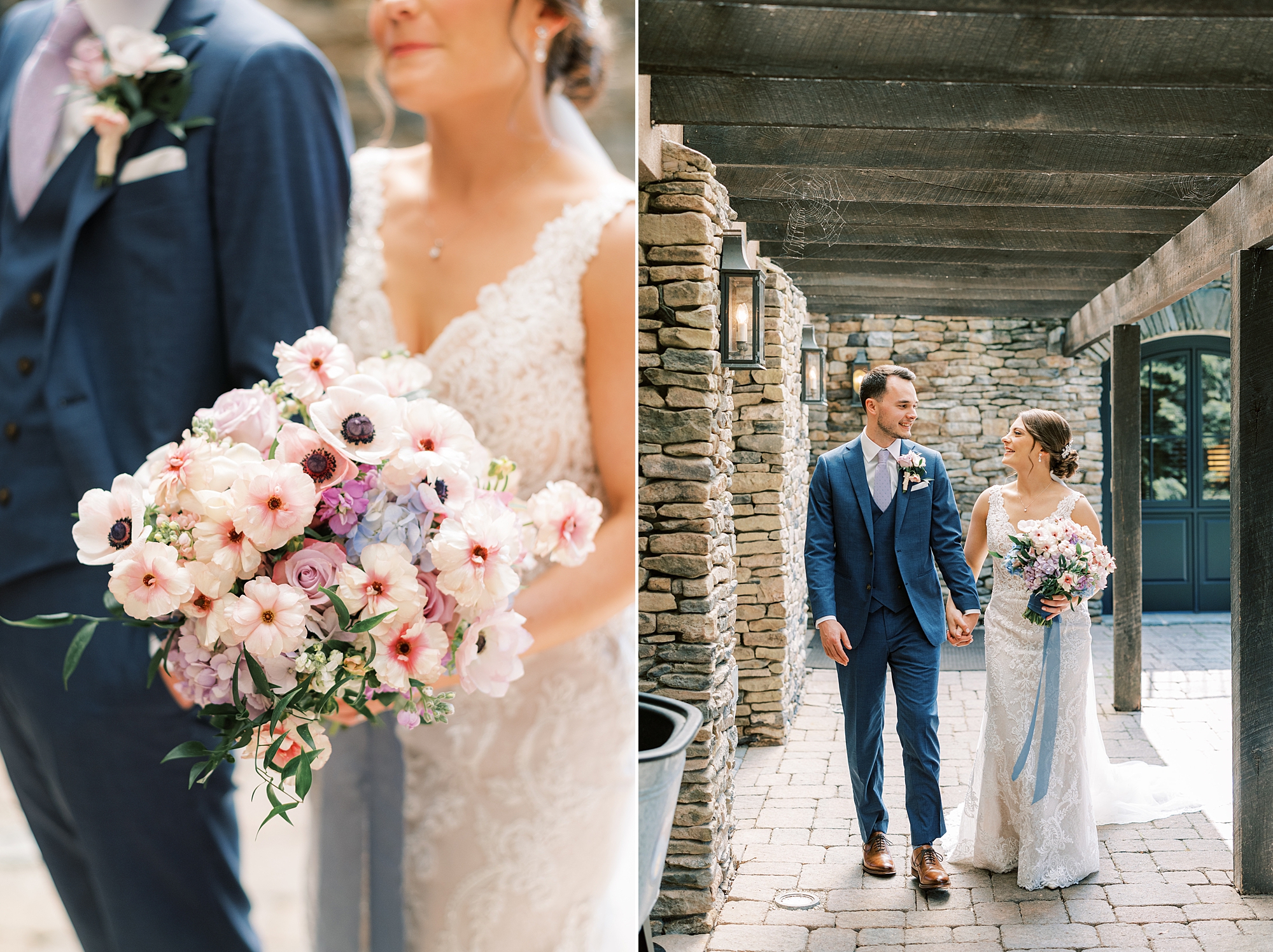 bride and groom hug under wooden walkway at Lake House Inn