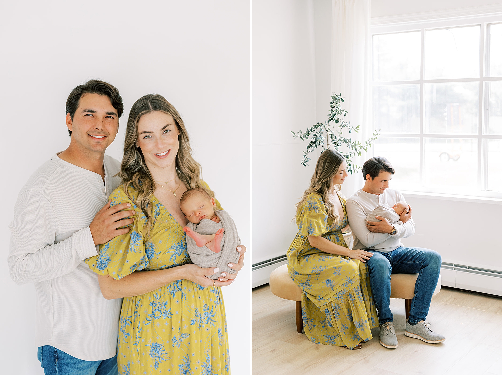 parents sit on bench by window holding son during studio newborn photos in Media PA