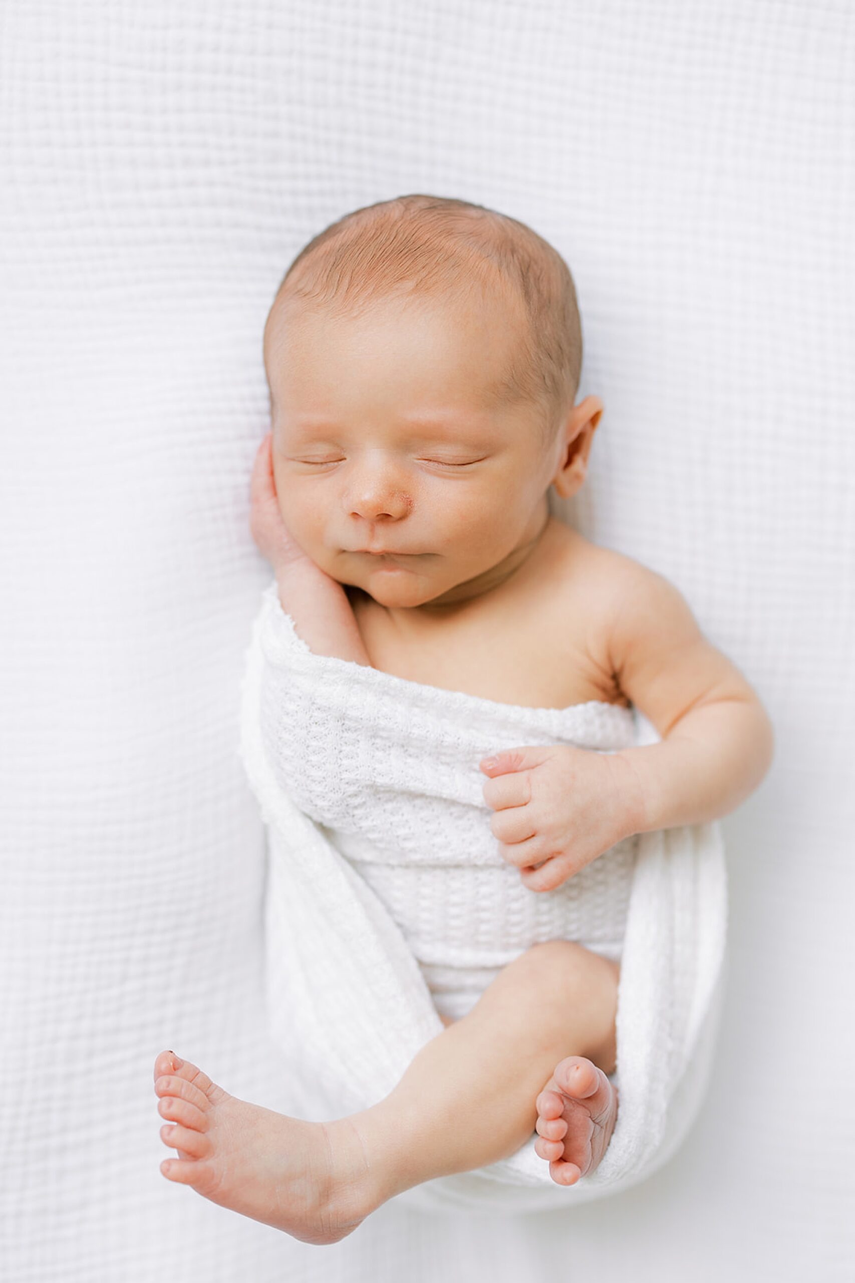 baby boy lays sleeping in white wrap during newborn photos 