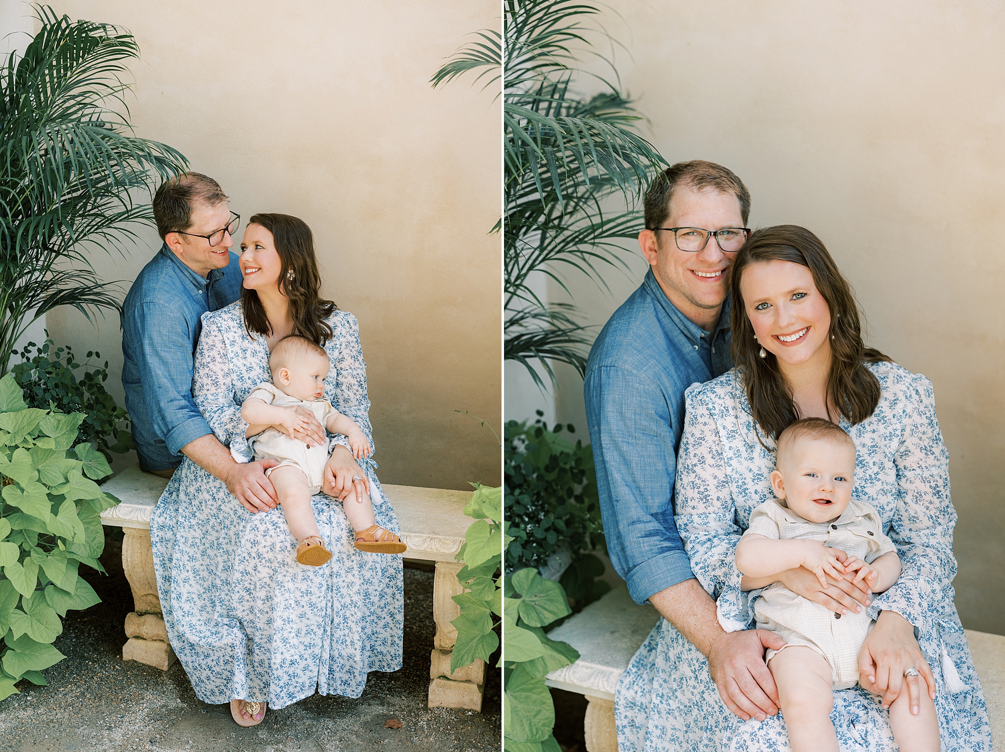 woman sits next to husband on bench holding toddler son during PA family photos 