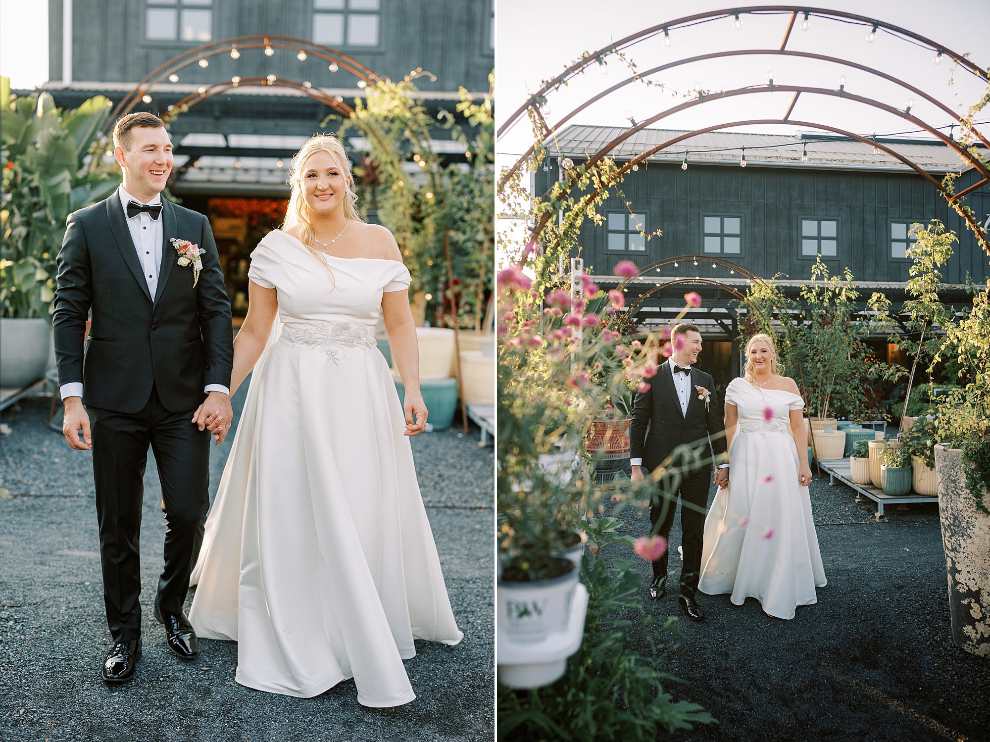 bride and groom walk through gardens at Terrain Del-Val in Doylestown PA