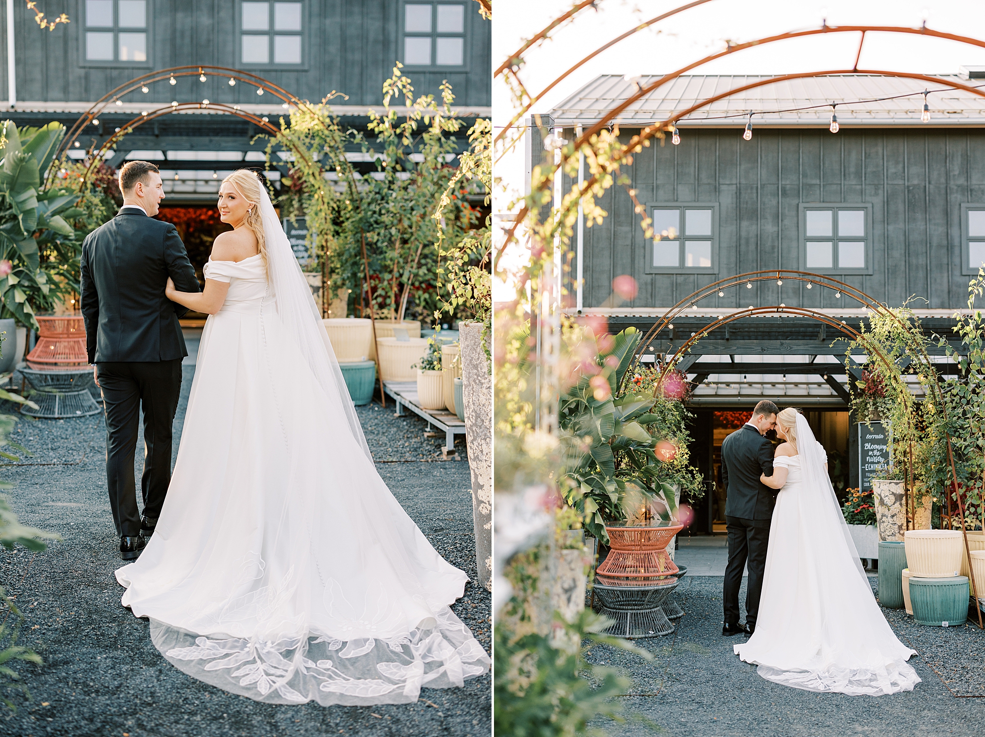 bride and groom walk through tall floral arches in garden at Terrain Del-Val