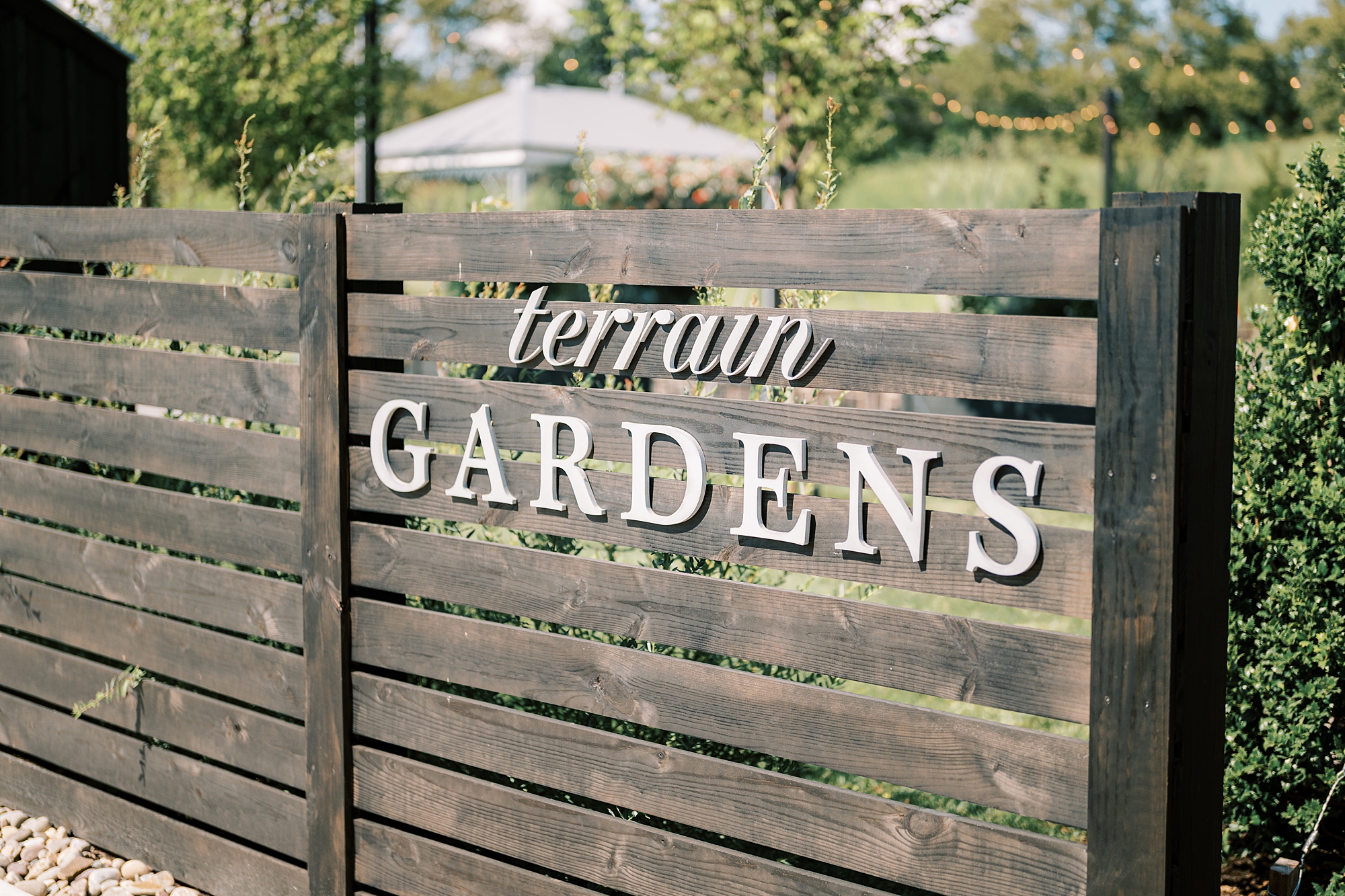 Terrain Gardens sign for Terrain Del-Val wedding day