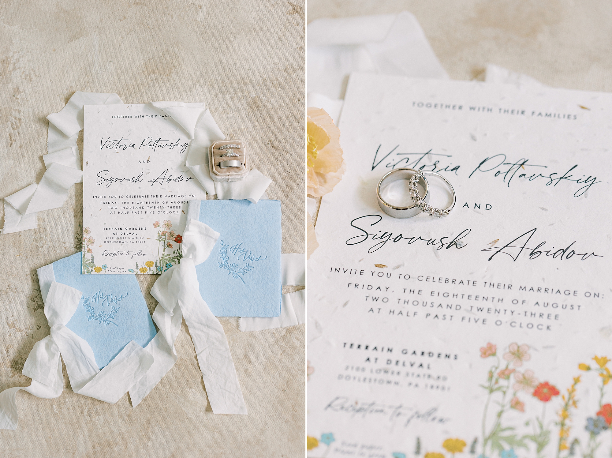 stationery set with flowers on corner and blue vow booklets for Terrain Del-Val wedding