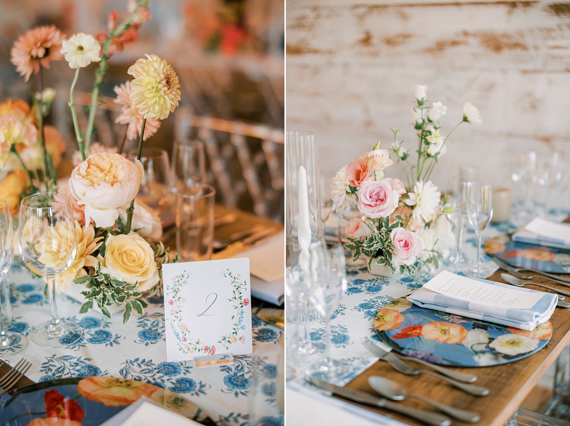 wedding reception at Terrain Gardens with blue and white table runner