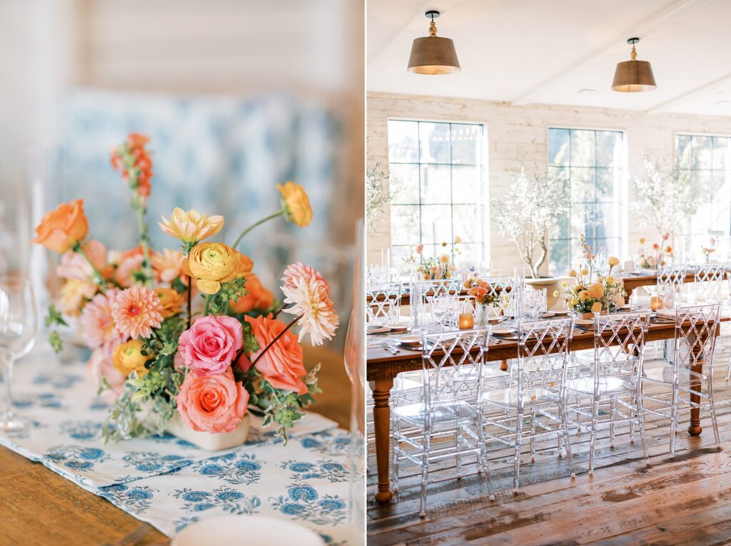 wedding reception with rustic wooden tables, blue and white table runner and bright flower centerpieces at Terrain Gardens. Designed by Shannon Wellington Events - Wedding planners in the Philadelphia area