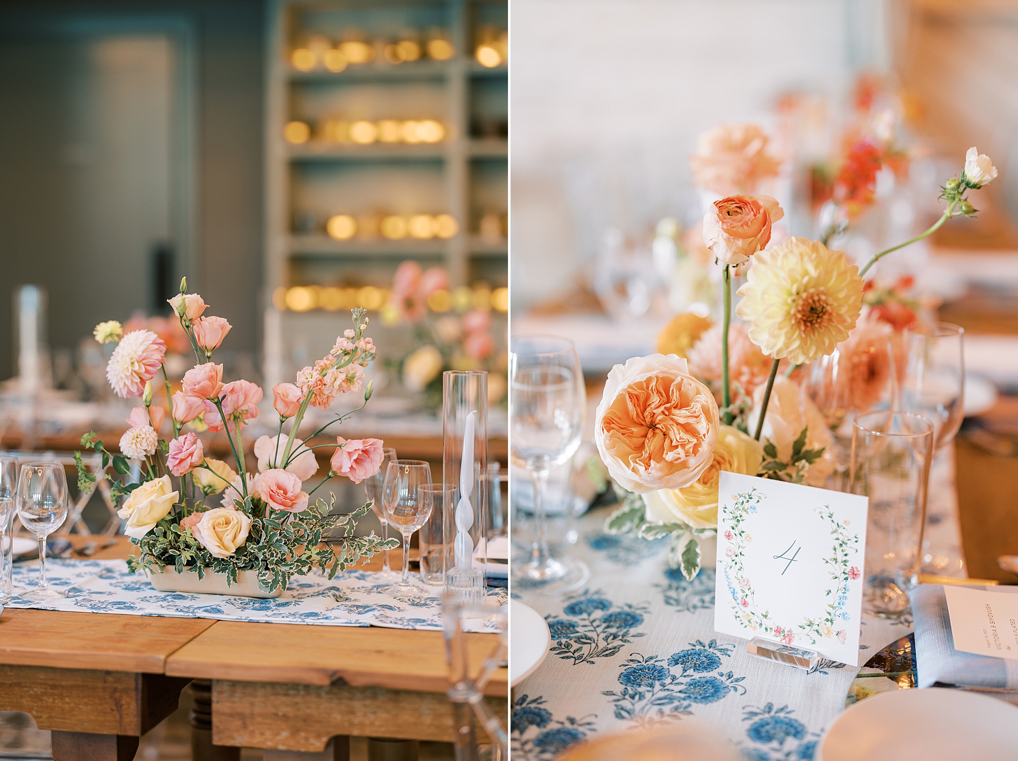 wedding reception with rustic wooden tables, blue and white table runner and bright flower centerpieces at Terrain Gardens