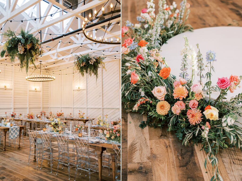 wedding reception at Terrain Gardens with hanging lights and greenery with pink roses