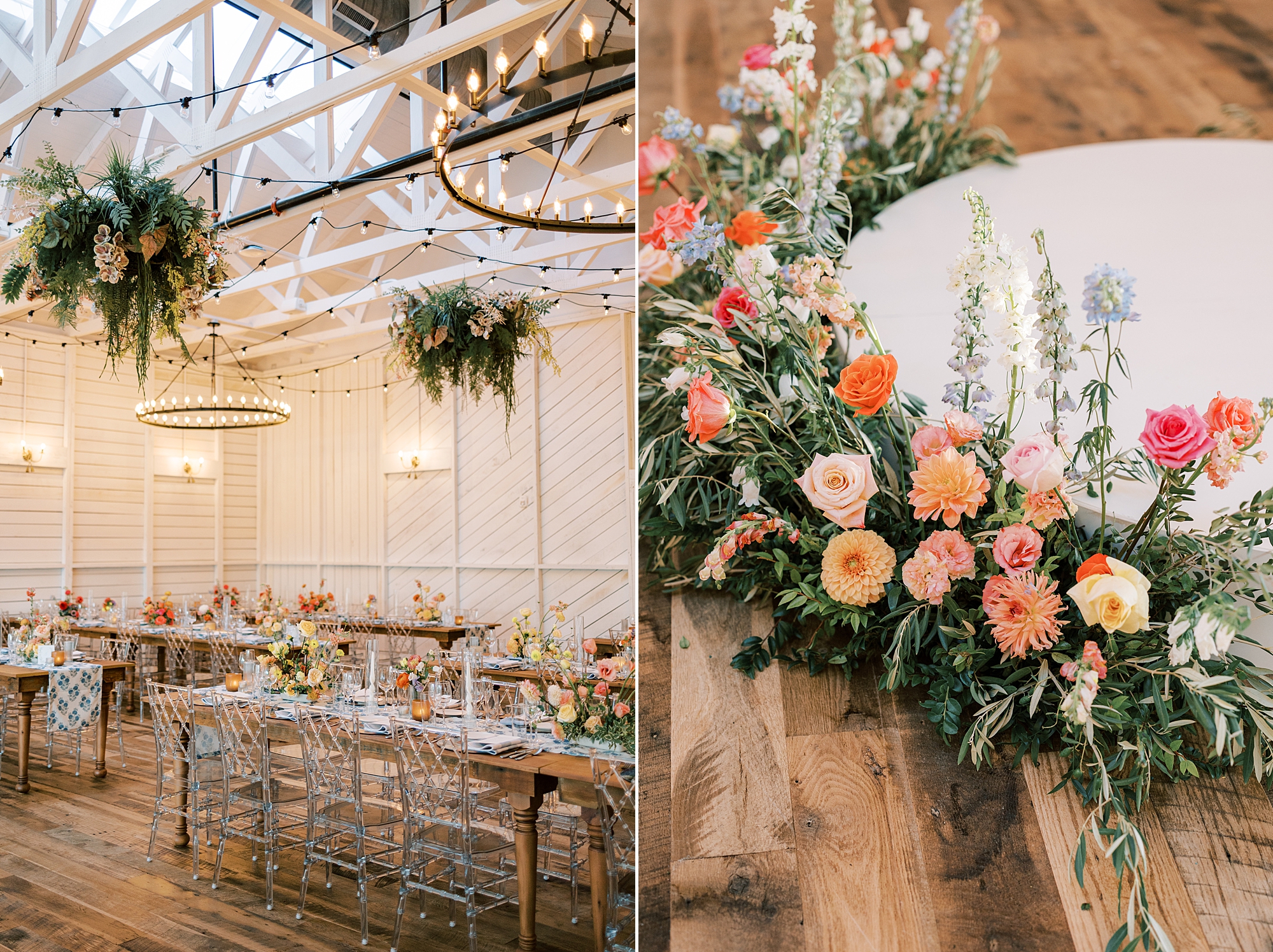 wedding reception at Terrain Gardens with hanging lights and greenery with pink roses 