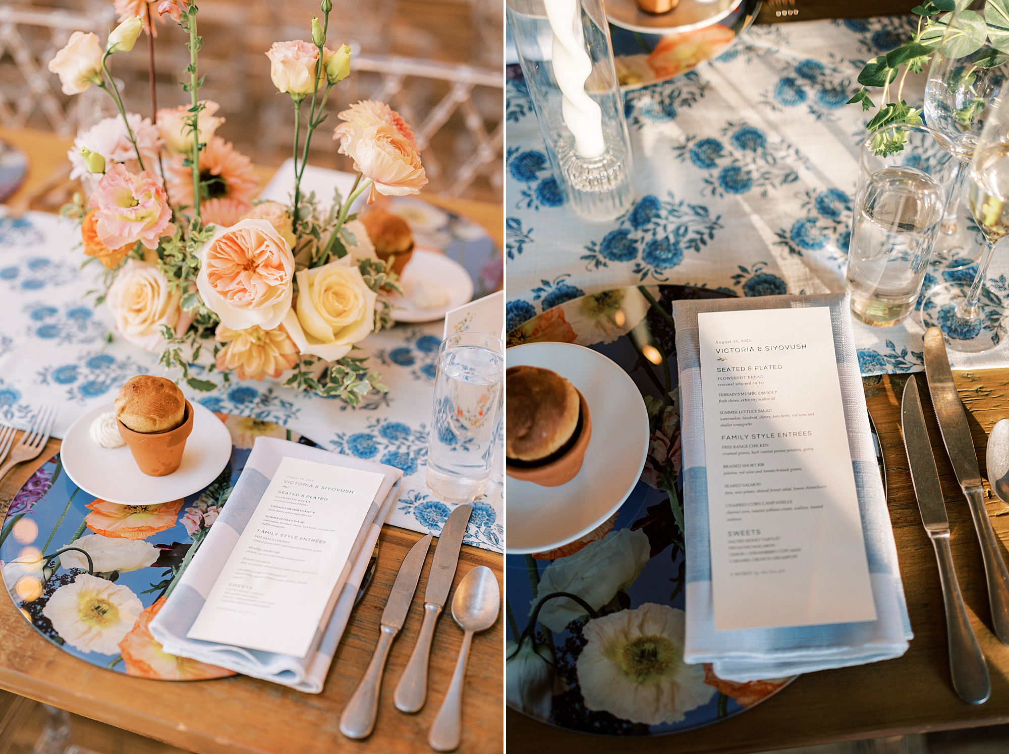 wedding reception at Terrain Gardens with blue and white accents 