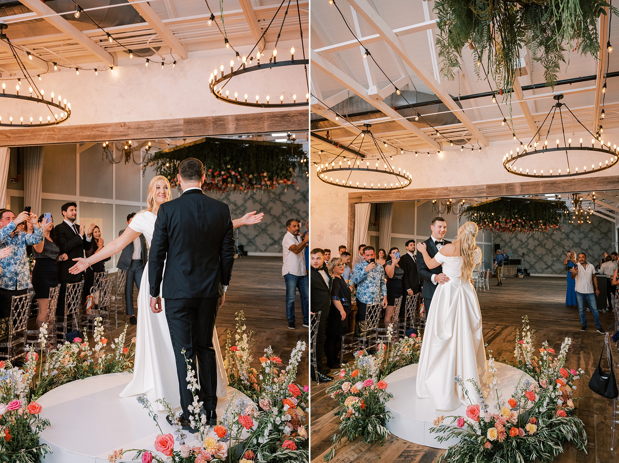newlyweds dace together on dance floor at Terrain Gardens