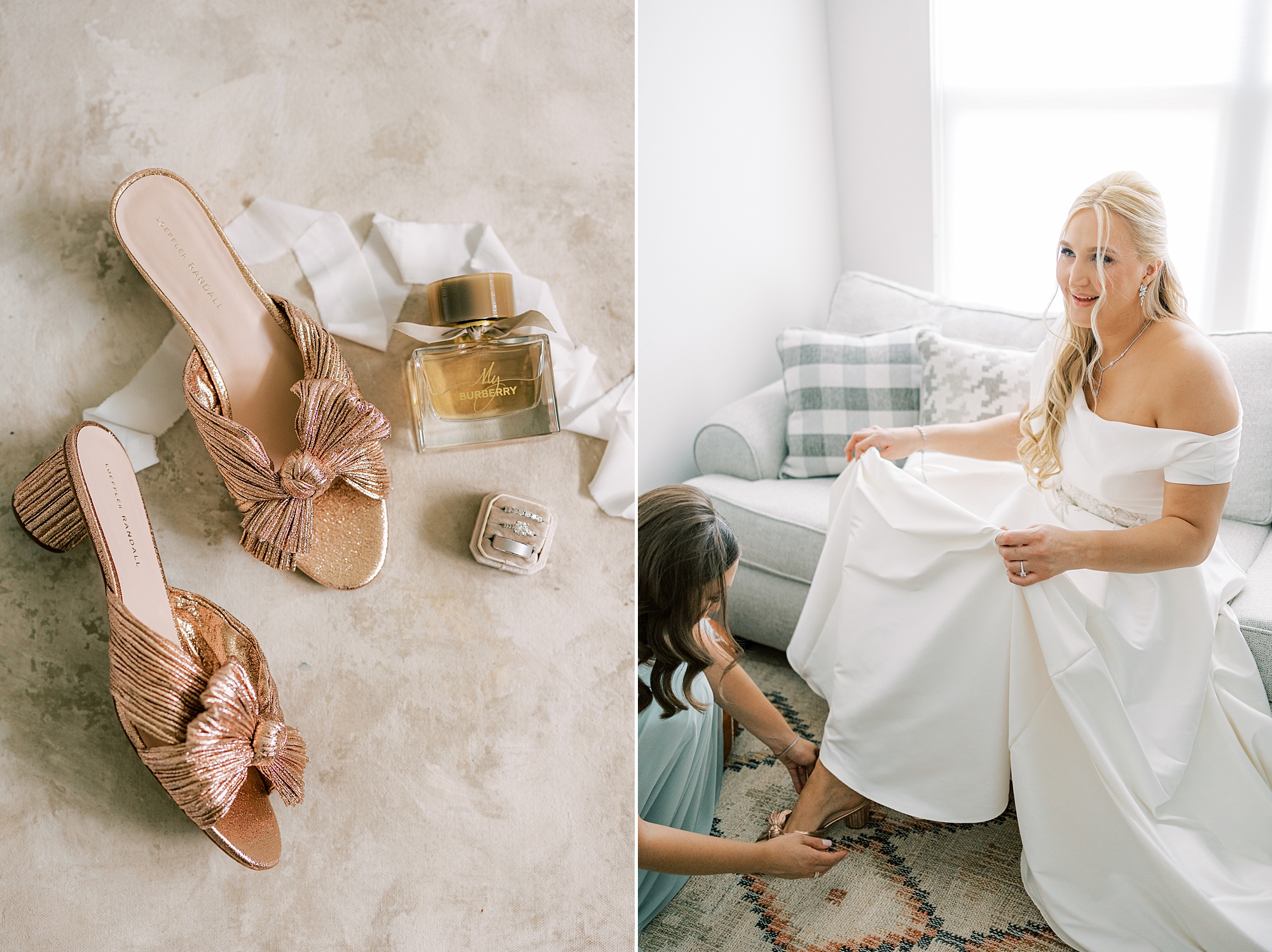 bride puts on shoes with bridesmaid's help during prep at Terrain DelVal