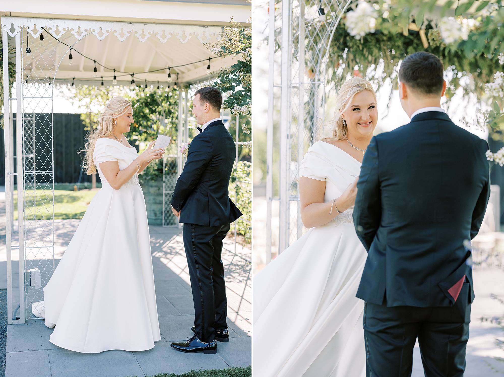 bride smiles up at groom during first look on patio at Terrain DelVal
