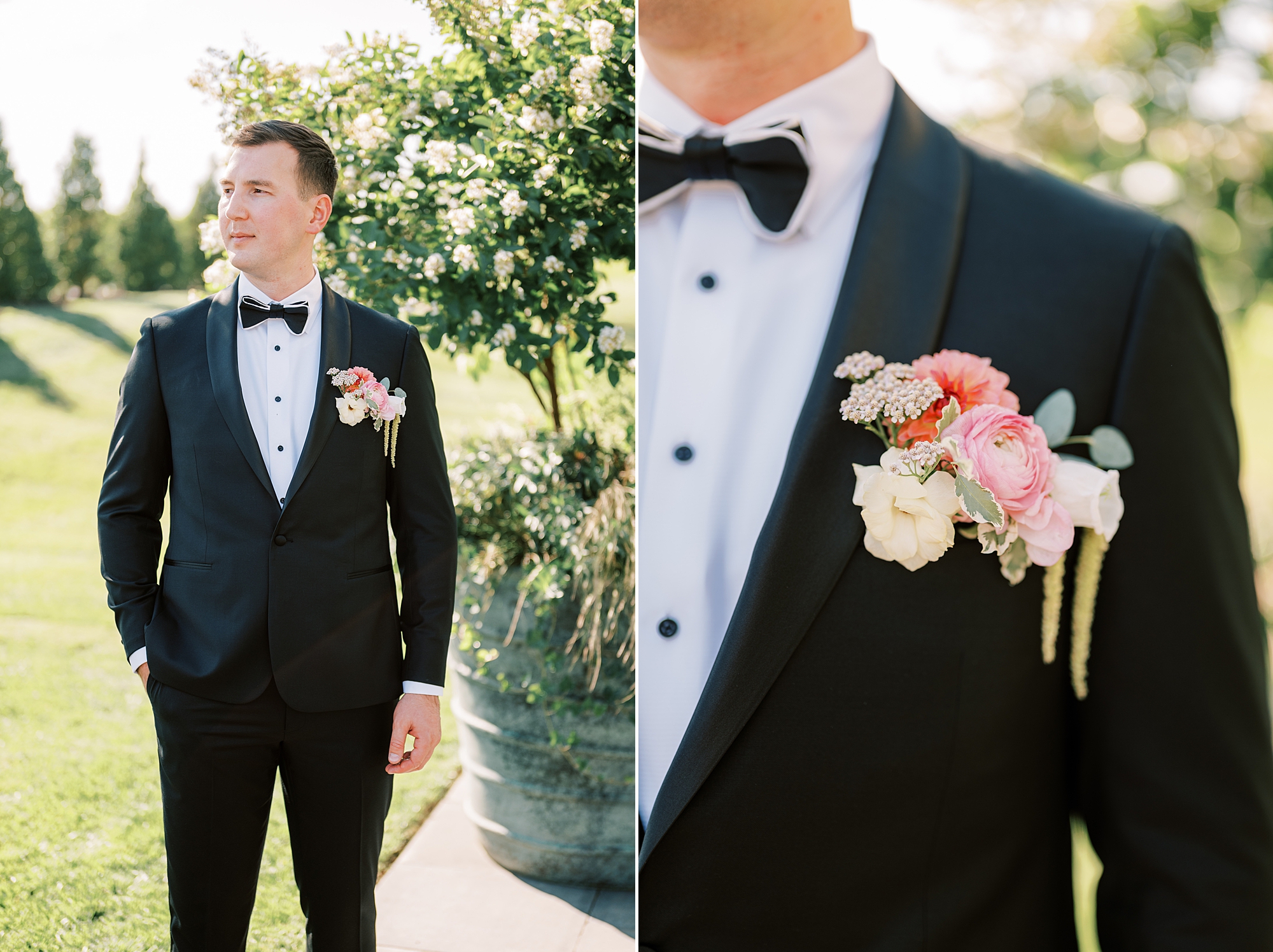groom stands in black suit with custom black and gold bowtie with bright floral boutonnière 