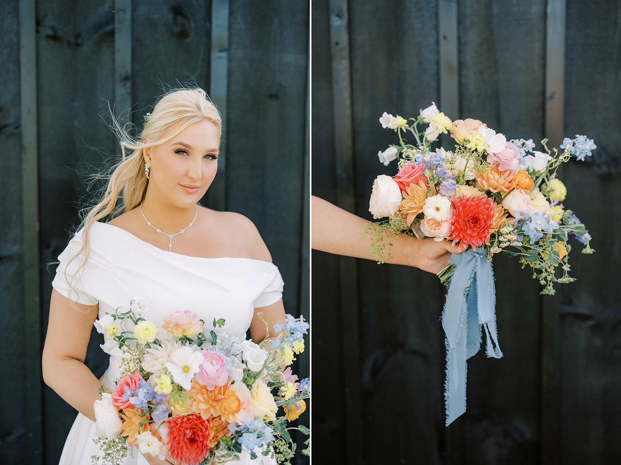 bride smirks holding bouquet of bright flowers with blue ribbon 