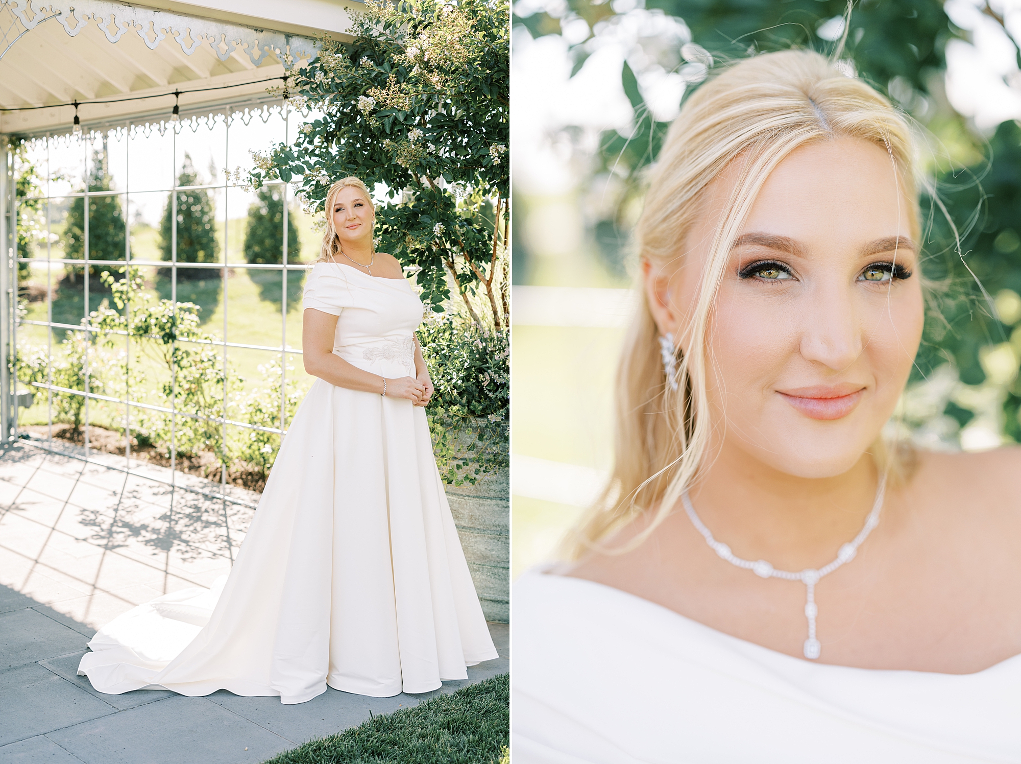 blonde woman stands on edge of patio looking over shoulder in wedding gown