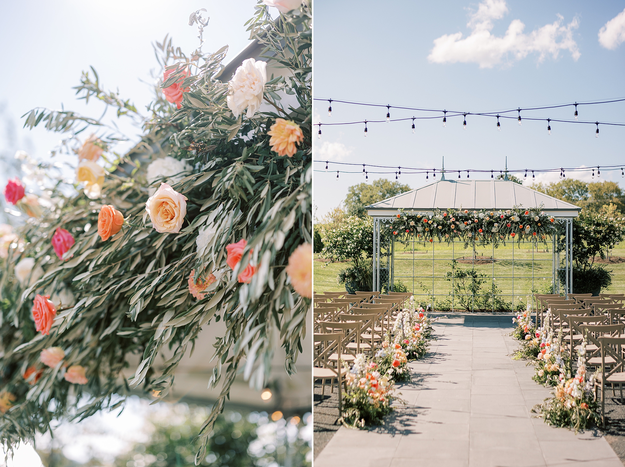 pink and orange flowers among greenery on gazebo at Terrain DelVal